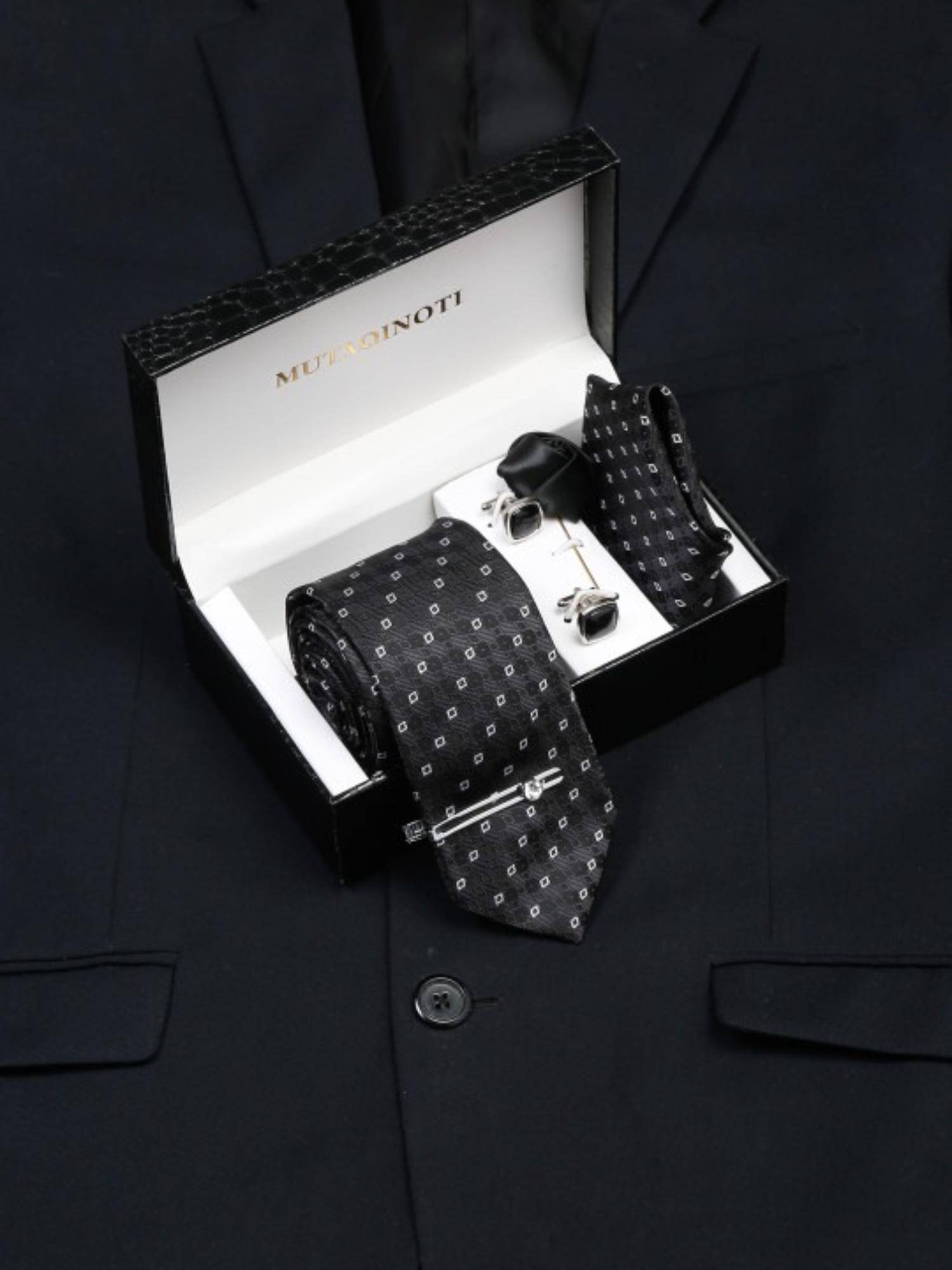 MUTAQINOTI Men Printed Black Tie with Pocket Square Tie Pin, Brooch & Cufflinks