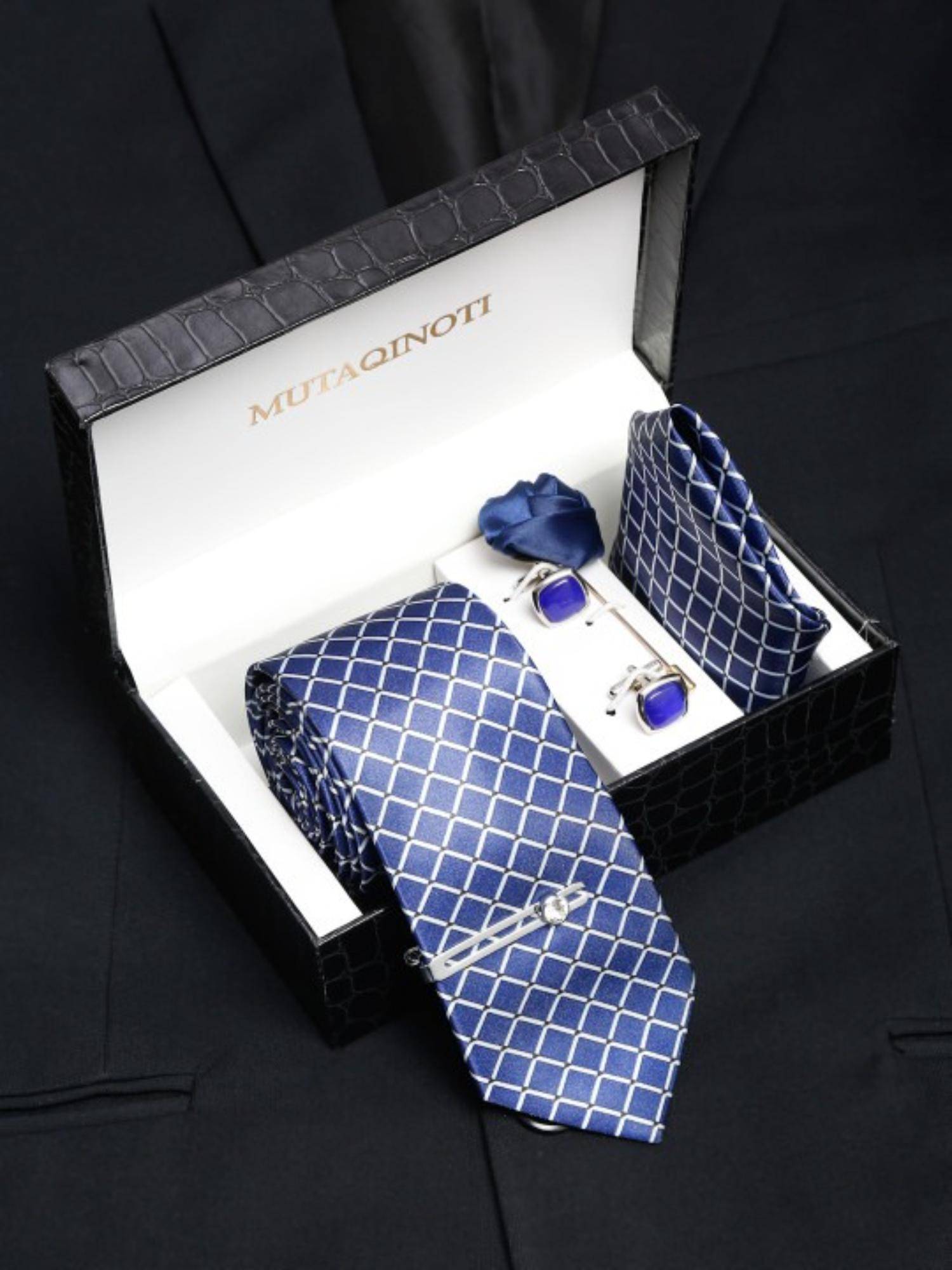 MUTAQINOTI Men Checks Blue Tie with Pocket Square Tie Pin, Brooch & Cufflinks