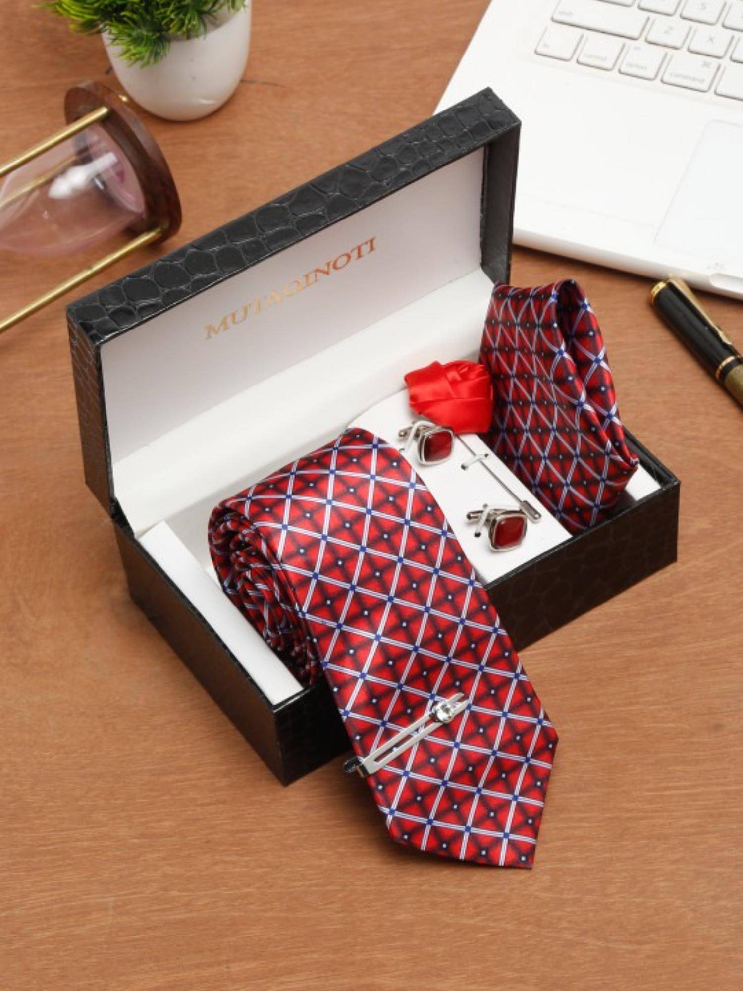 MUTAQINOTI Men Checks Red Tie with Pocket Square Tie Pin, Brooch & Cufflinks