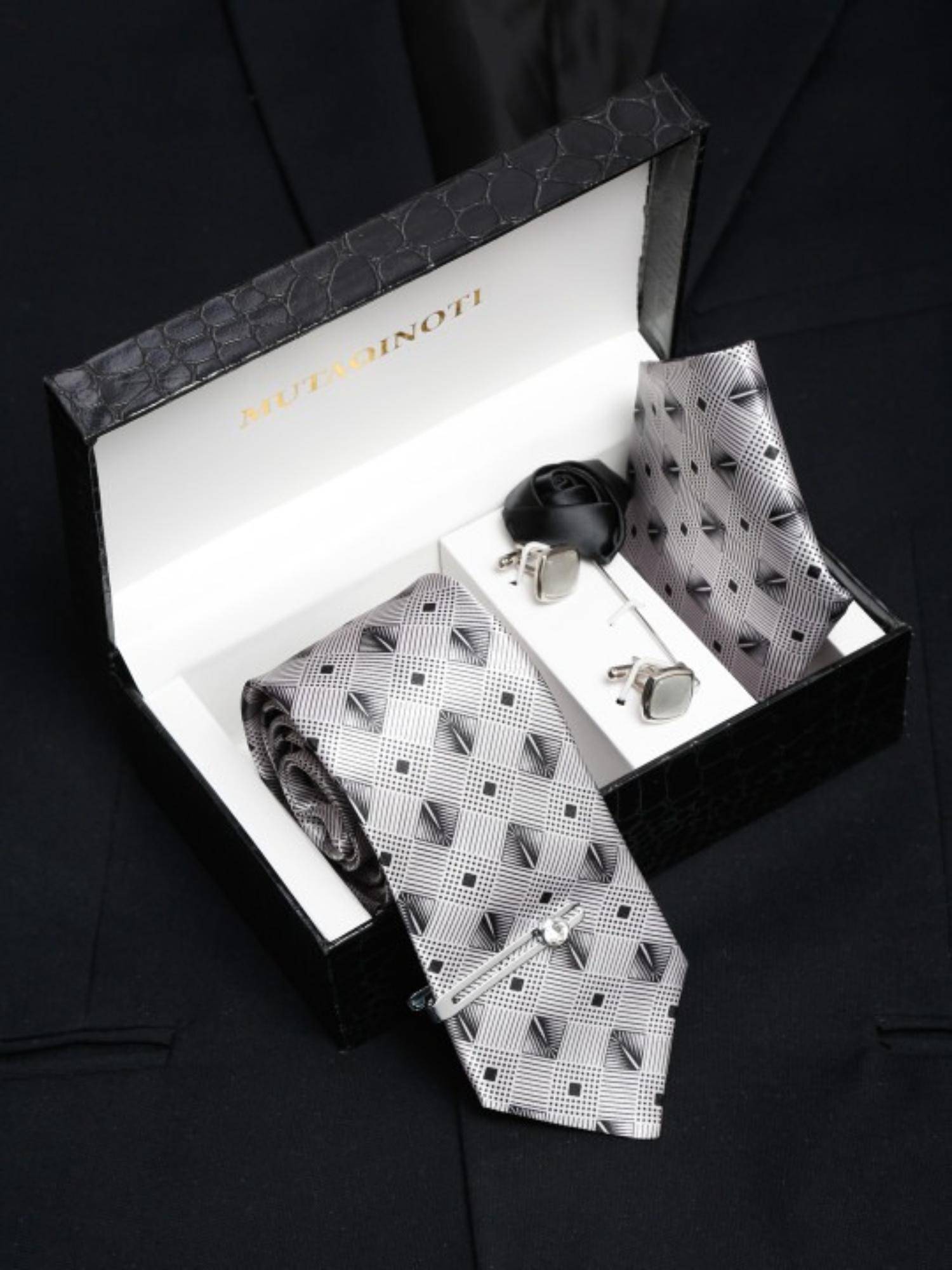 MUTAQINOTI Men Printed Grey Tie with Pocket Square Tie Pin, Brooch & Cufflinks