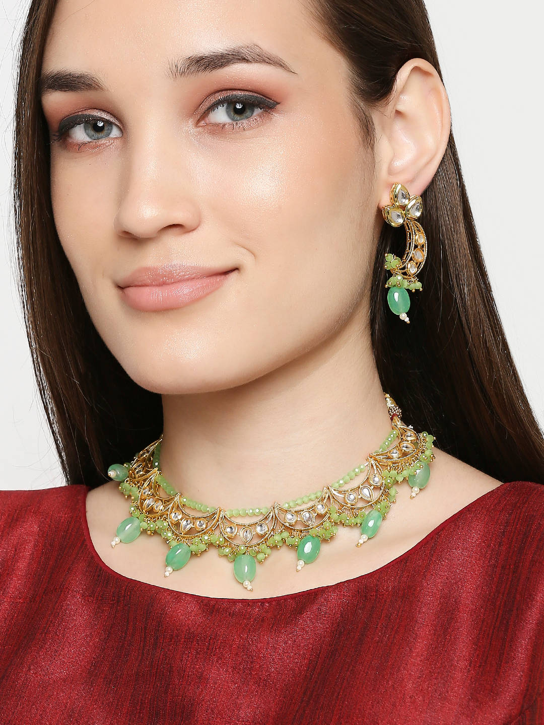 Fabula Mint Green Beads & Kundan Choker Necklace Set With Matching Earrings