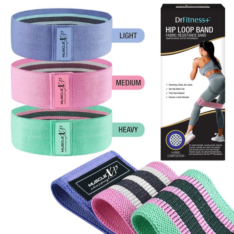 MuscleXP Drfitness+ Hip Loop Fabric Resistance Band For Set Of 3, Hip Loop Band (Low, Medium, Heavy)