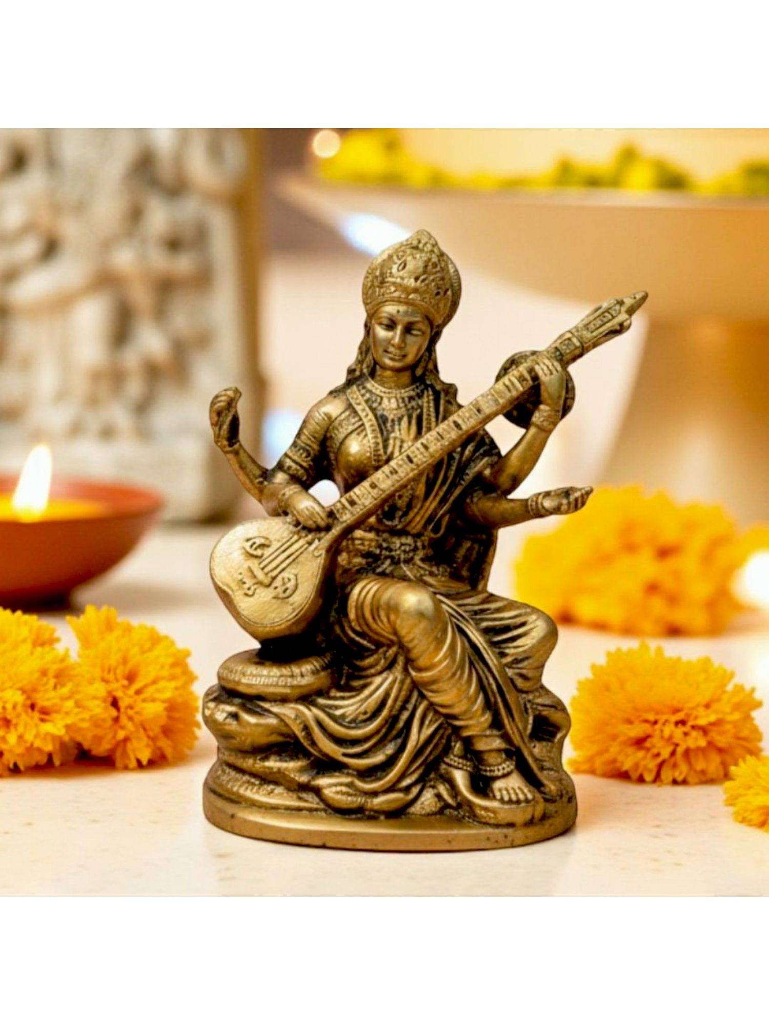 Ritualistic Pure Brass Saraswati Idol – 3 inch Height|Divine God Idols|Car Dashboard
