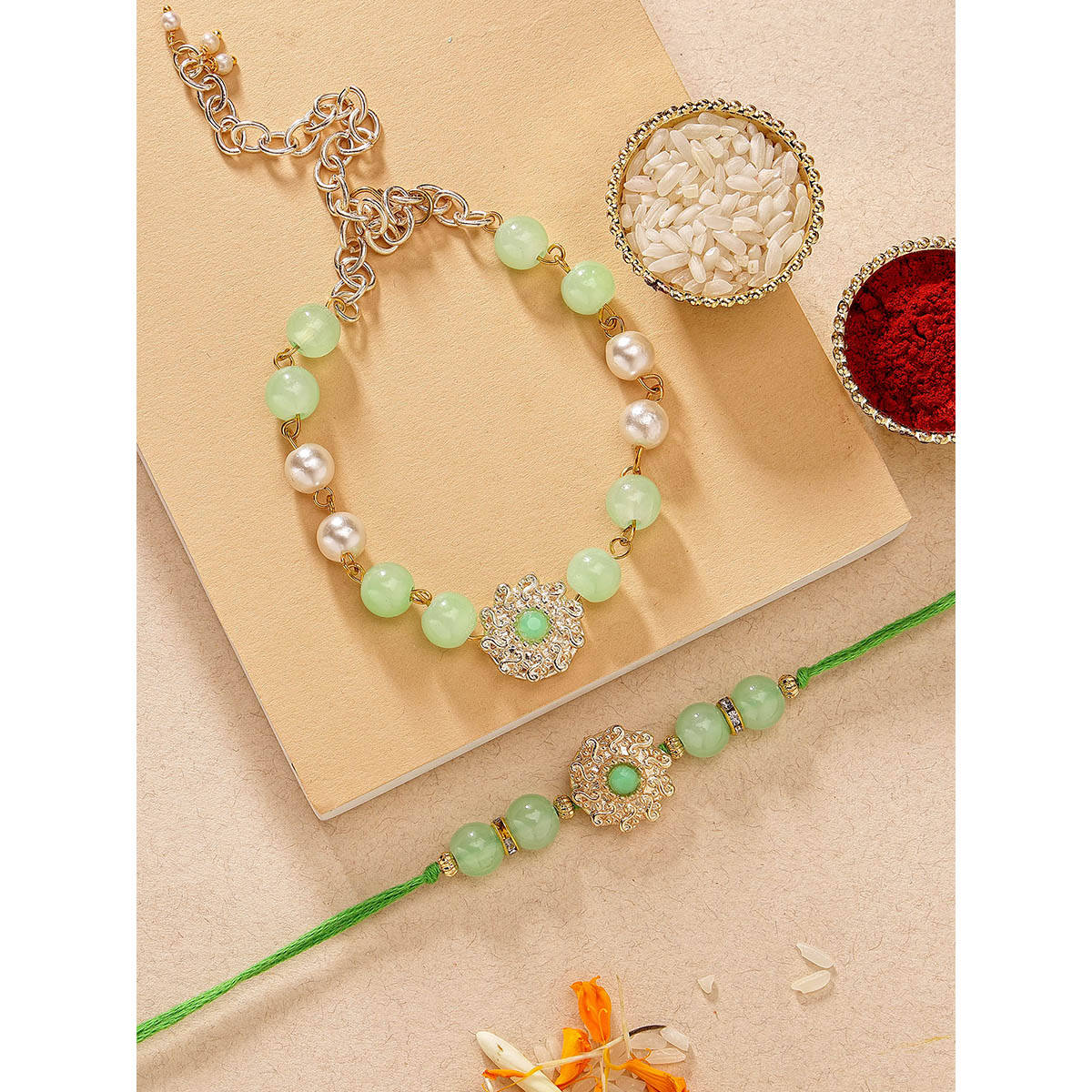 Karatcart Beads Floral Design Kundan Bhaiya Bhabhi Rakhi with Roli Chawal