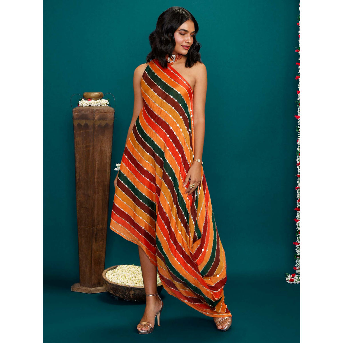 Gajra Gang by Nykaa Fashion Bandhej Multi Colour One Shoulder Dress