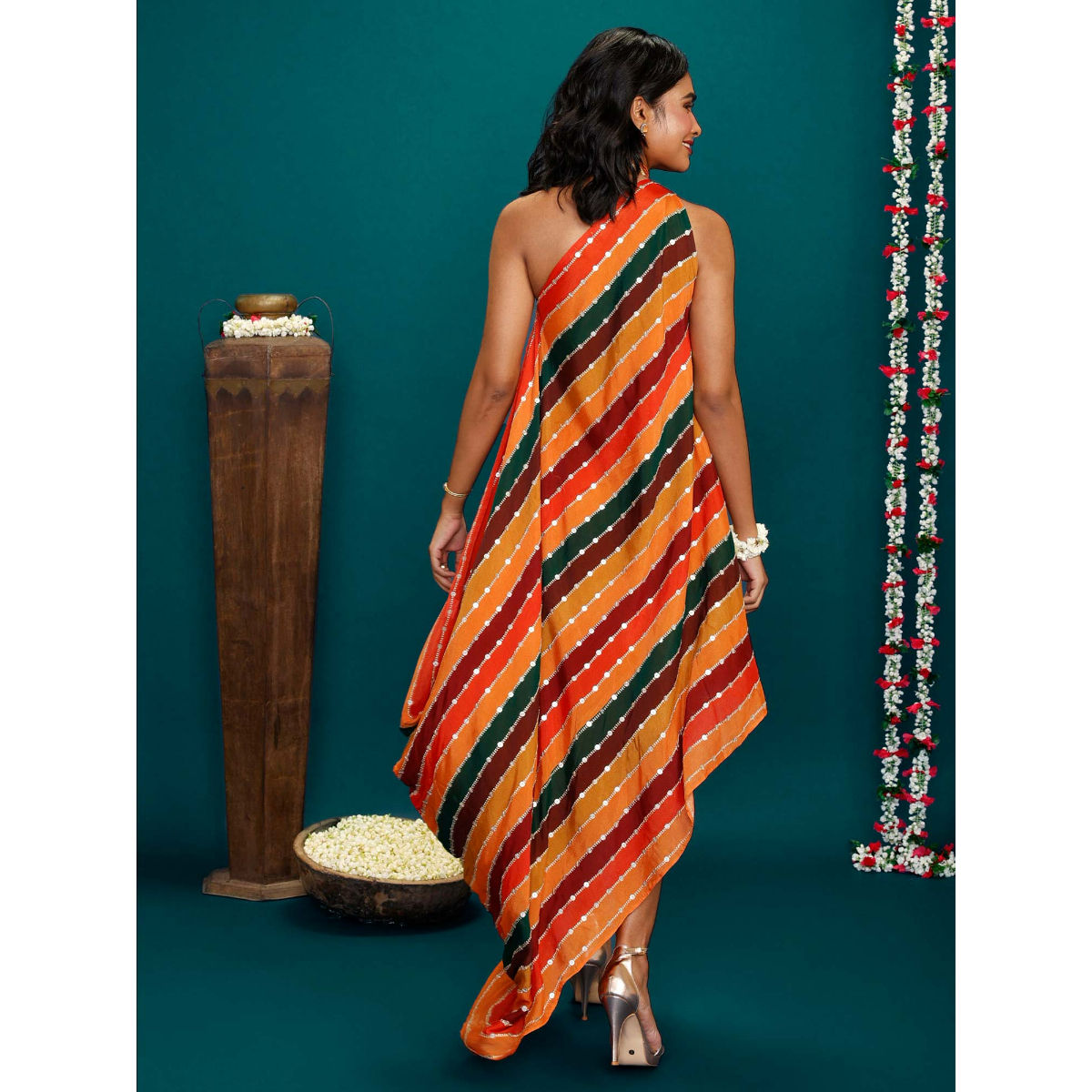 Gajra Gang by Nykaa Fashion Bandhej Multi Colour One Shoulder Dress
