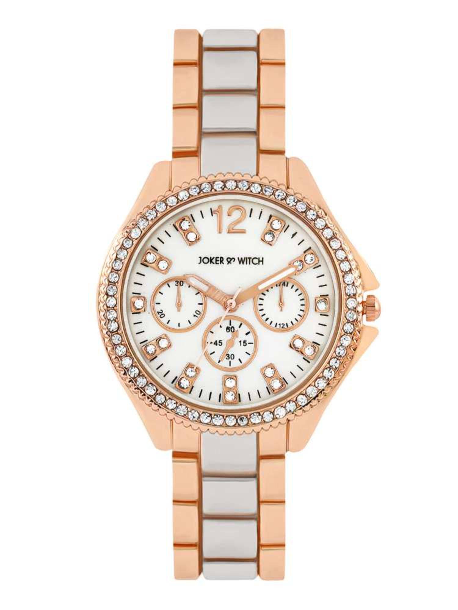 Joker & Witch Reina White MOP Rhinestone Dial Dual Tone Linked Chain Strap Watch - AMWW1273 (M)