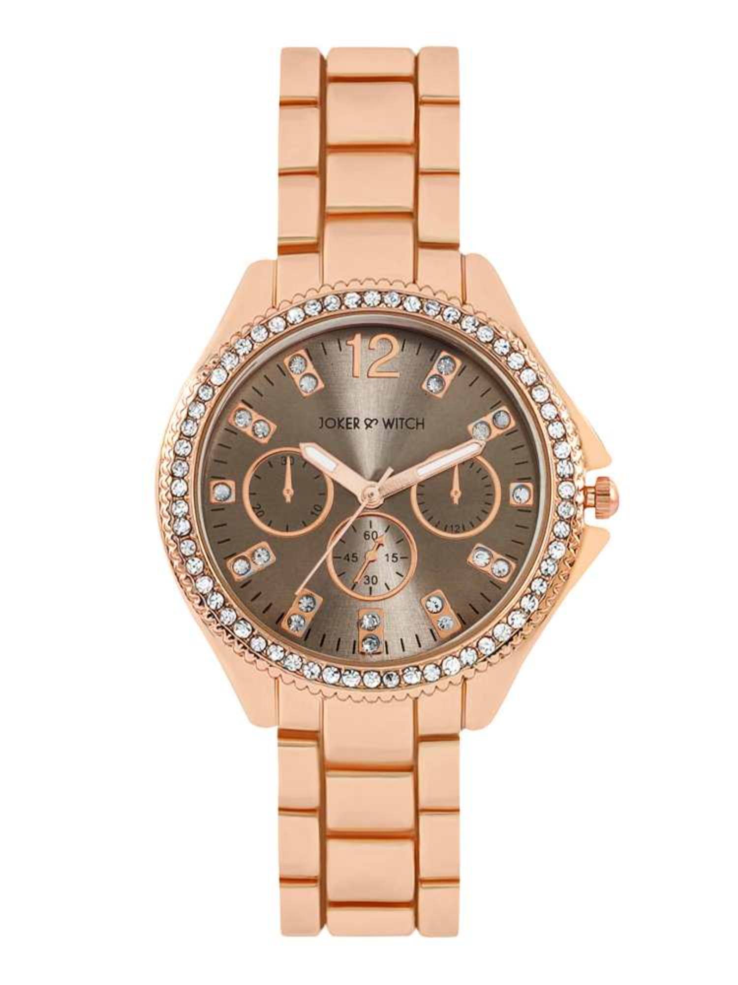 Joker & Witch Reina Taupe Sunray Rhinestone Dial Rose Gold Linked Chain Strap Watch - AMWW1274 (M)