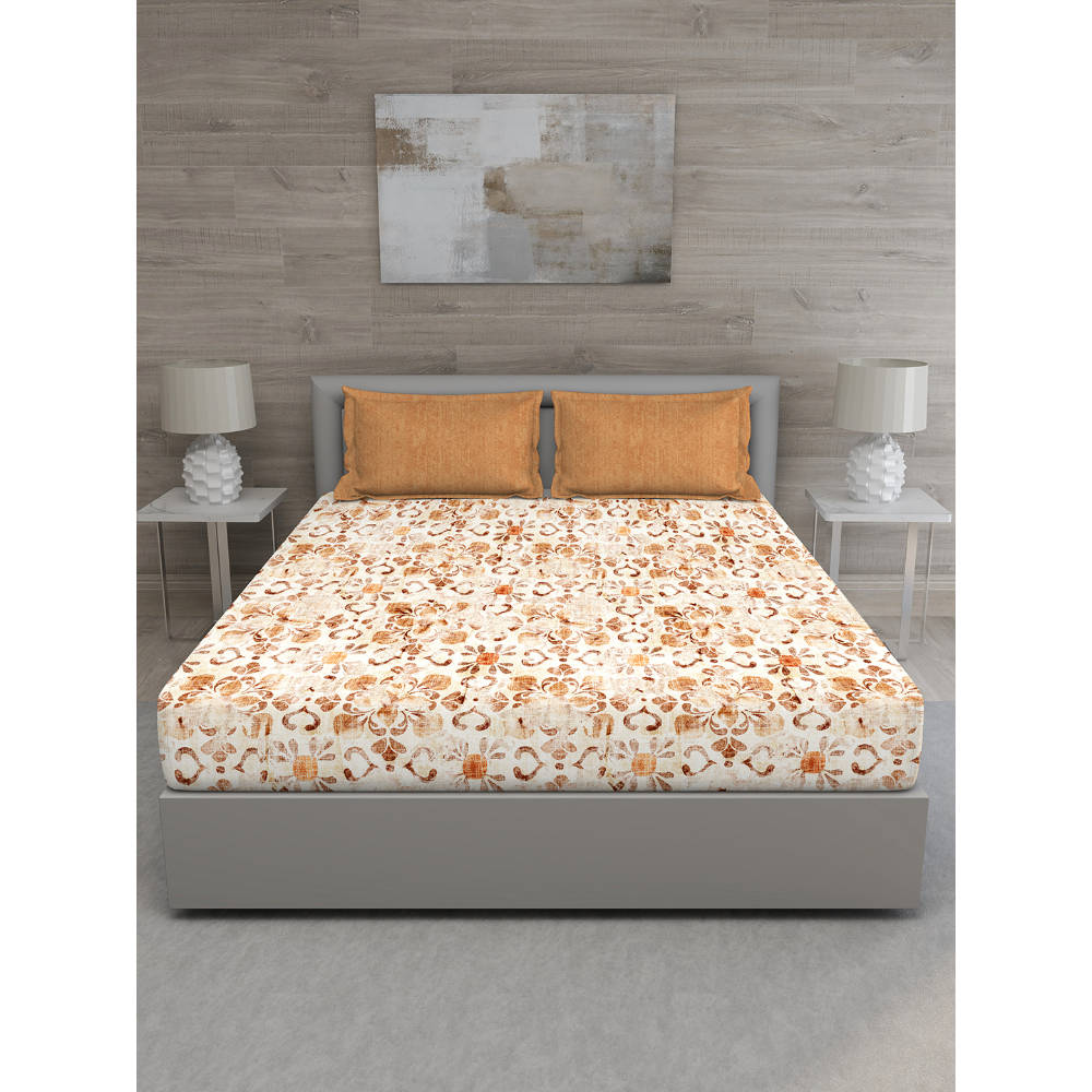 GM Orange Floral 144 TC Cotton Queen Bedsheet with 2 Pillow Covers