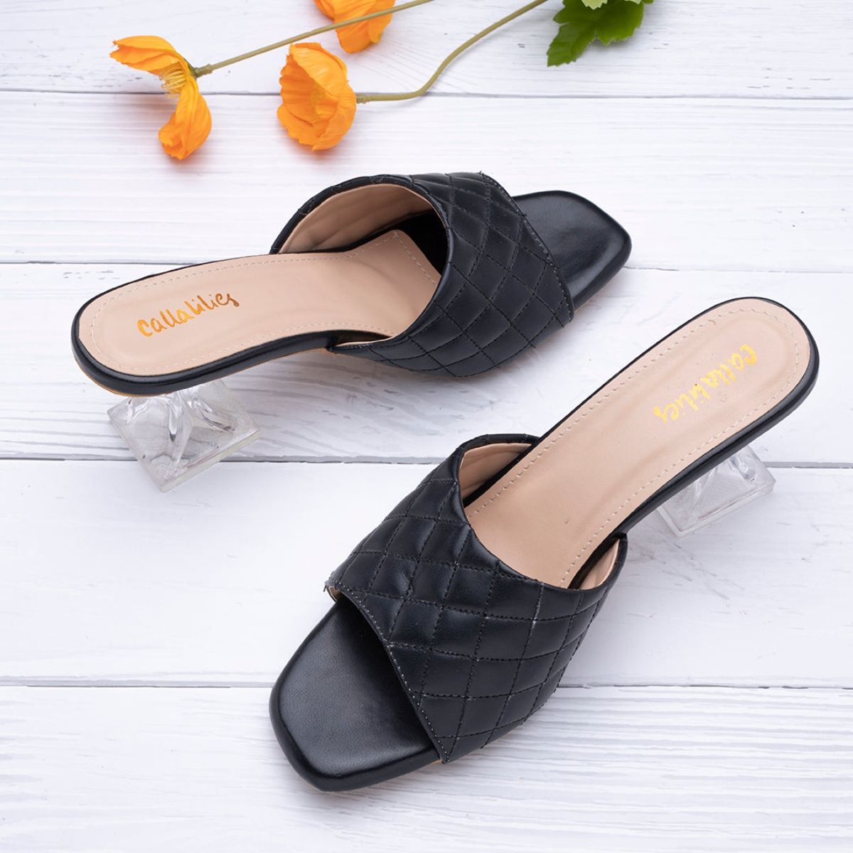 Buy Calla Lilies Quilted Hourglass Textured Black Heels Online