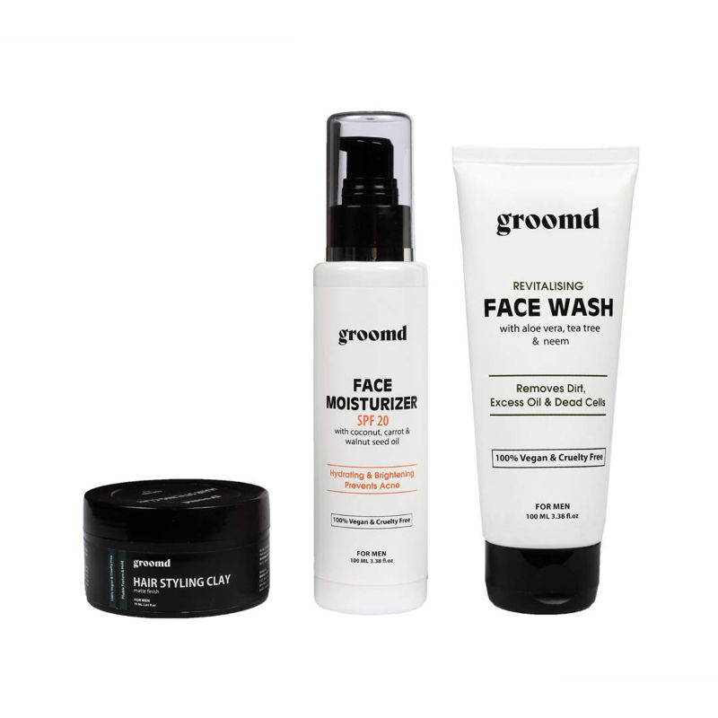 Groomd Face Care And Hair Styling Set For Men Face Wash, Face Moisturizer,  Hair Clay: Buy Groomd Face Care And Hair Styling Set For Men Face Wash,  Face Moisturizer, Hair Clay Online