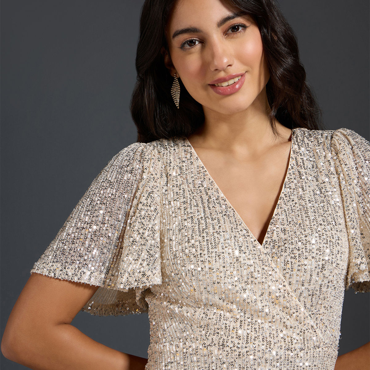 Buy Twenty Dresses by Nykaa Fashion Cream Sequinned V Neck Bell Sleeve Fit  and Flare Maxi Dress Online