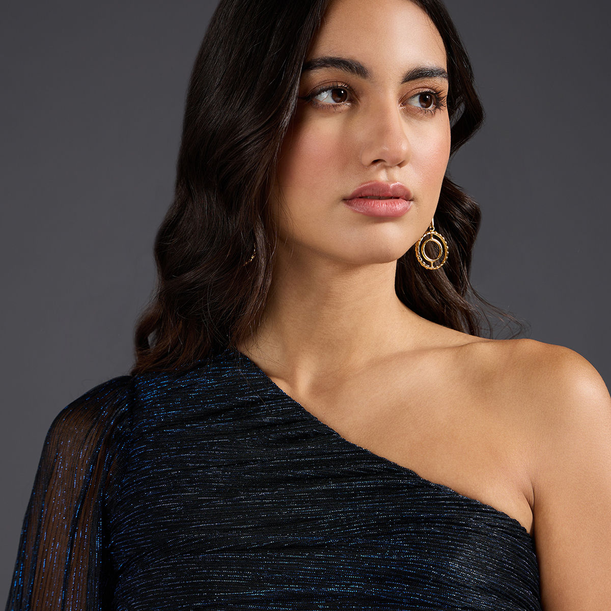 Twenty Dresses by Nykaa Fashion Blue and Black Self Design One Shoulder