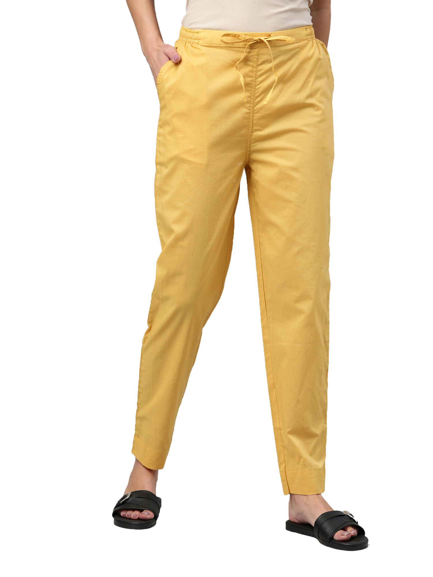 Women Solid Light Mustard Viscose Mid Rise Casual Pants