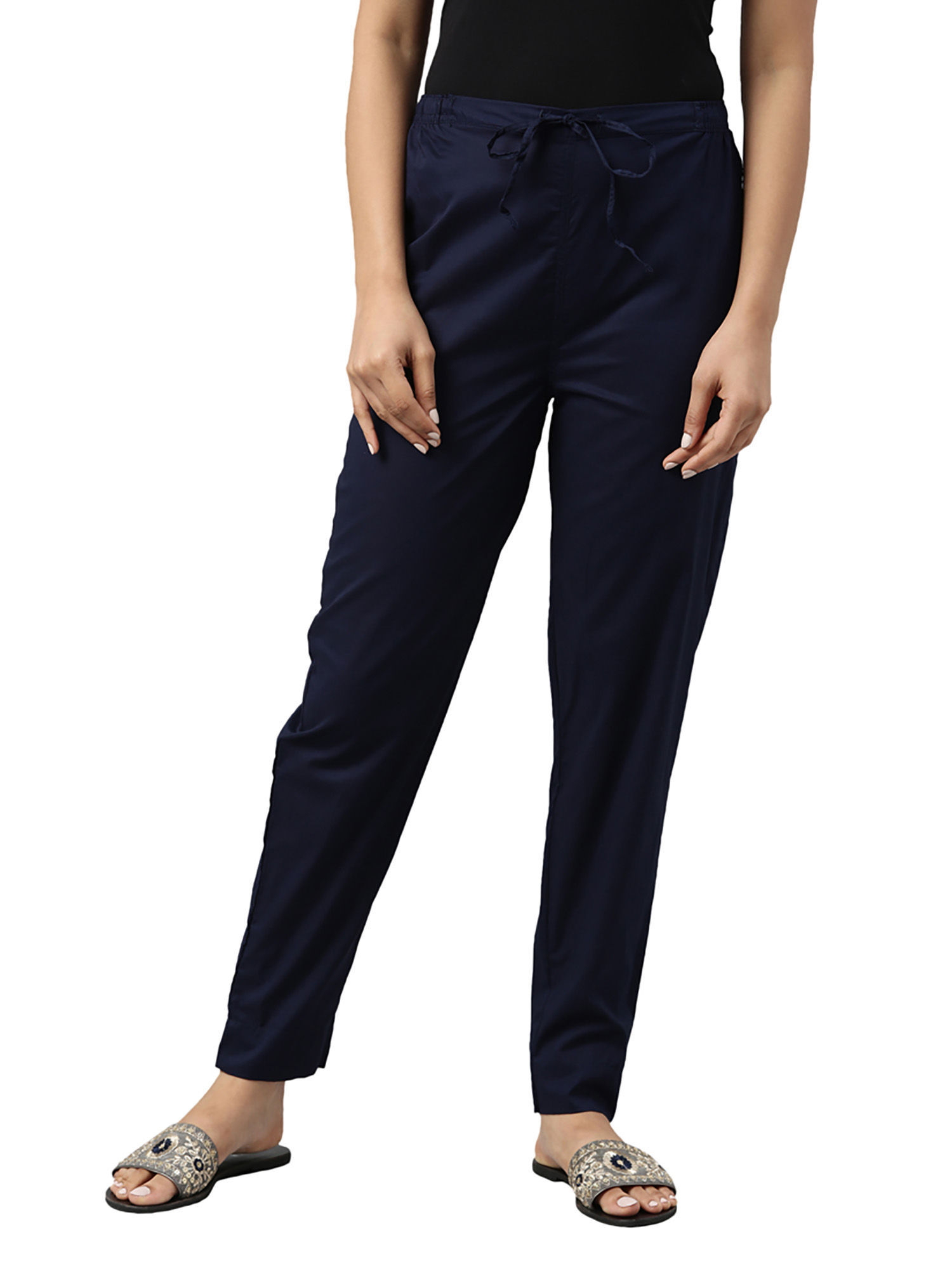 Buy Women Ankle Length Pant Navy Blue Solid Rayon for Best Price, Reviews,  Free Shipping