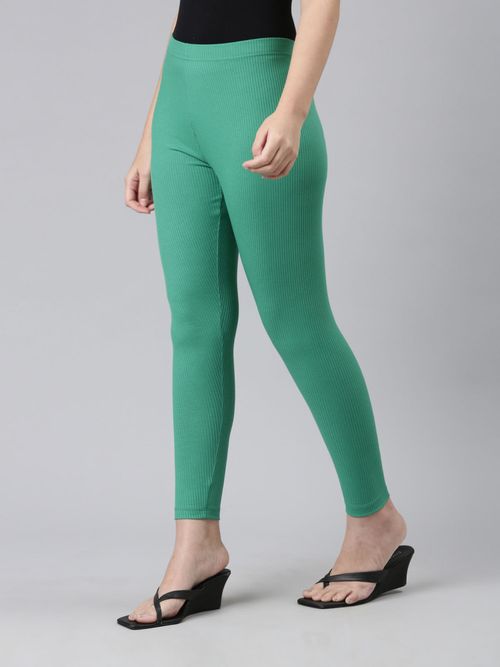 Buy Go Colors Women Solid Emerald Green Ribbed Leggings online