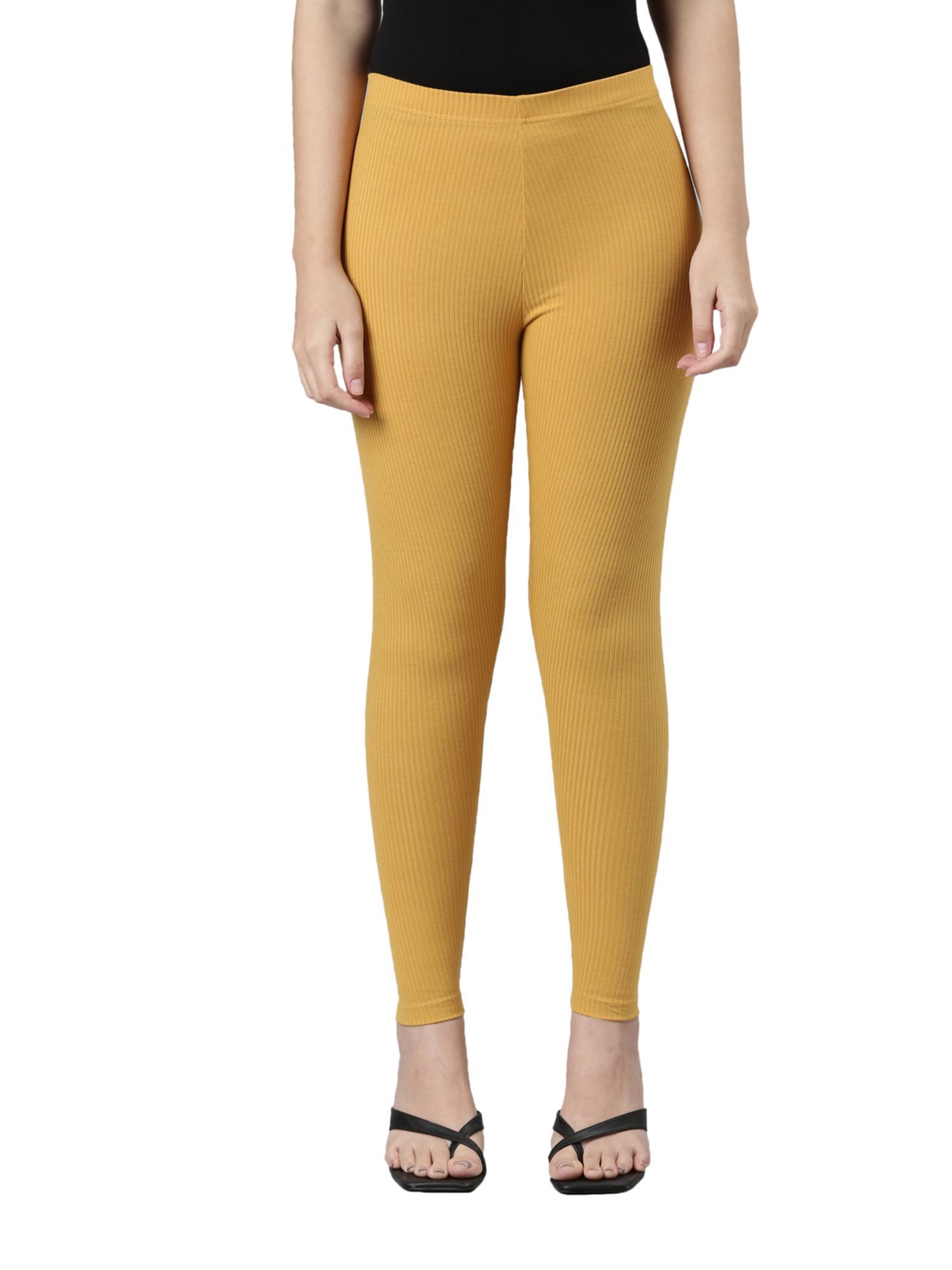 Go Colors Women Solid Golden Yellow Ribbed Leggings Buy Go Colors