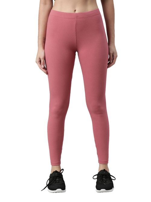 Buy Go Colors Women Solid Rusty Pink Ribbed Leggings (M) (M) Online