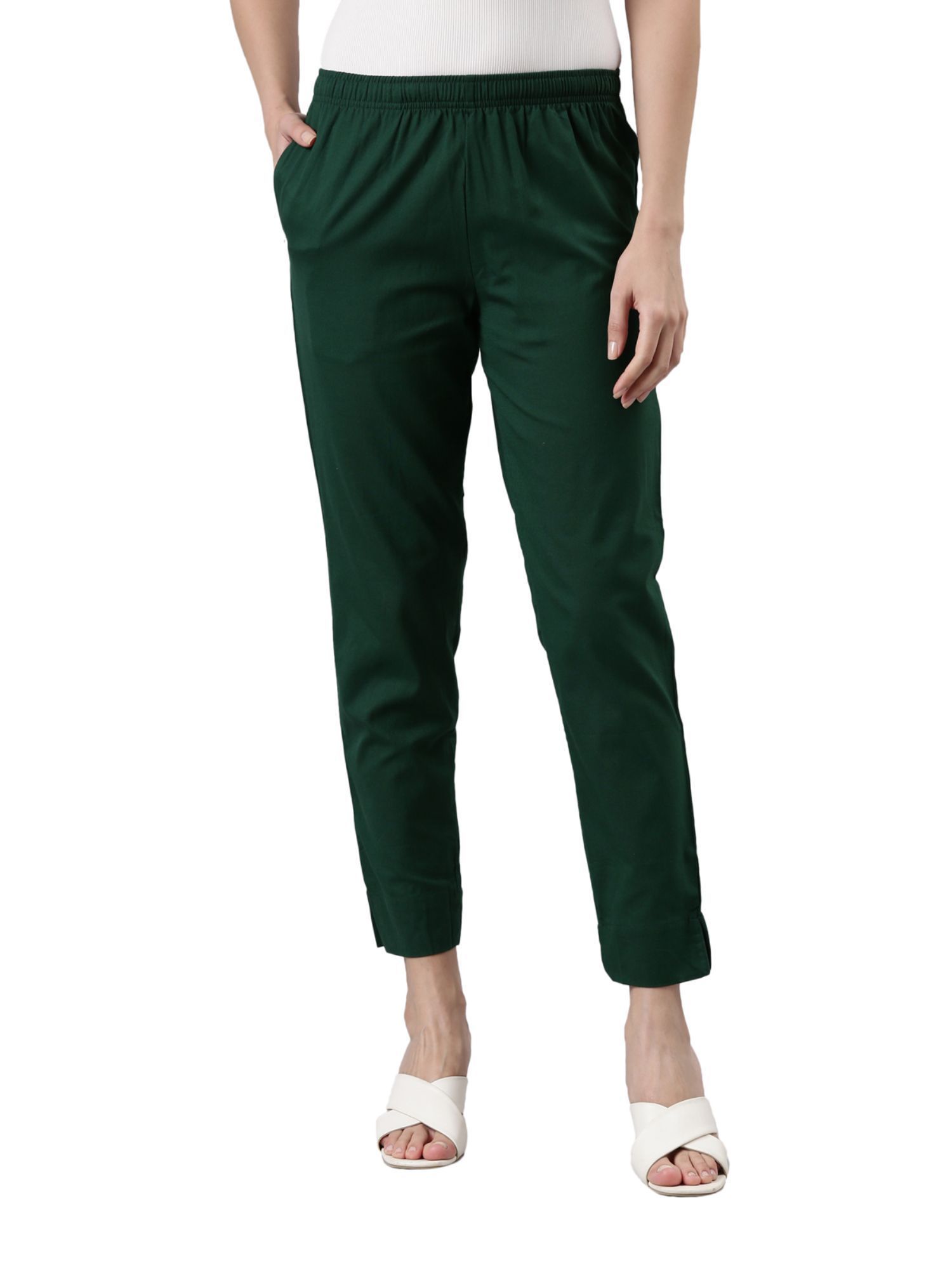 Cotton Flex Fern Green Overlapped Hem Pants