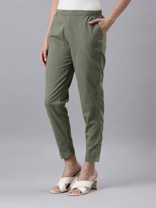 Buy Go Colors Women Striped Olive Linen Pencil Pants online