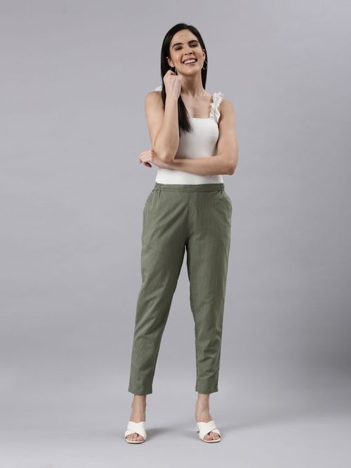 Buy Go Colors Women Striped Olive Linen Pencil Pants online