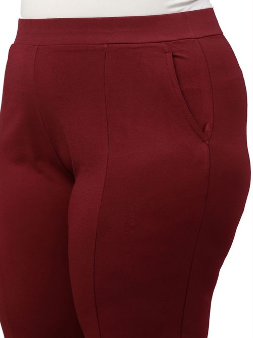 Women Solid Maroon Stretch Ponte Pants