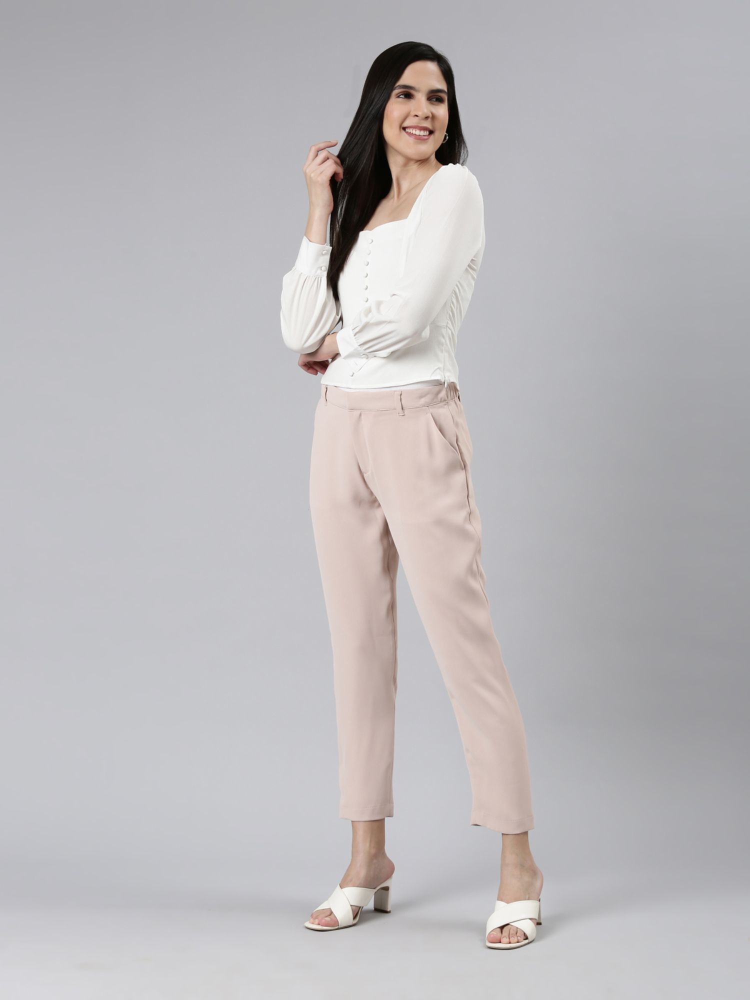 Buy GO COLORS Women Solid Mid Rise Formal Trousers Baby Pink at Amazon.in