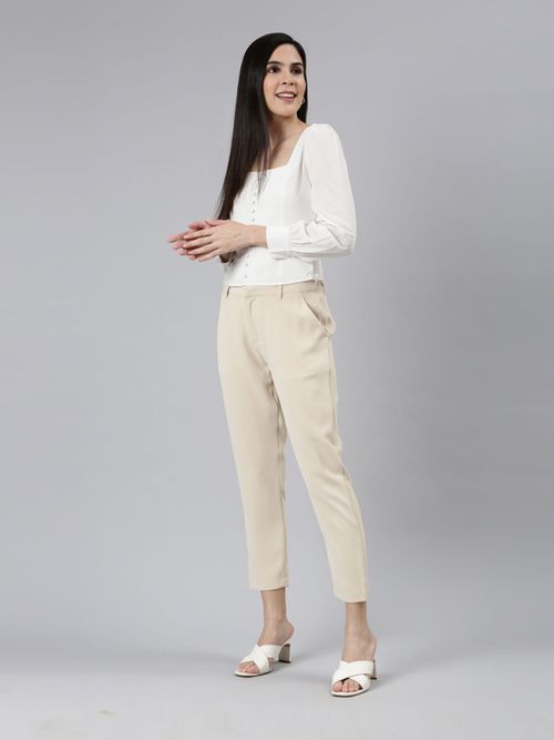 Women Solid Beige Formal Trouser