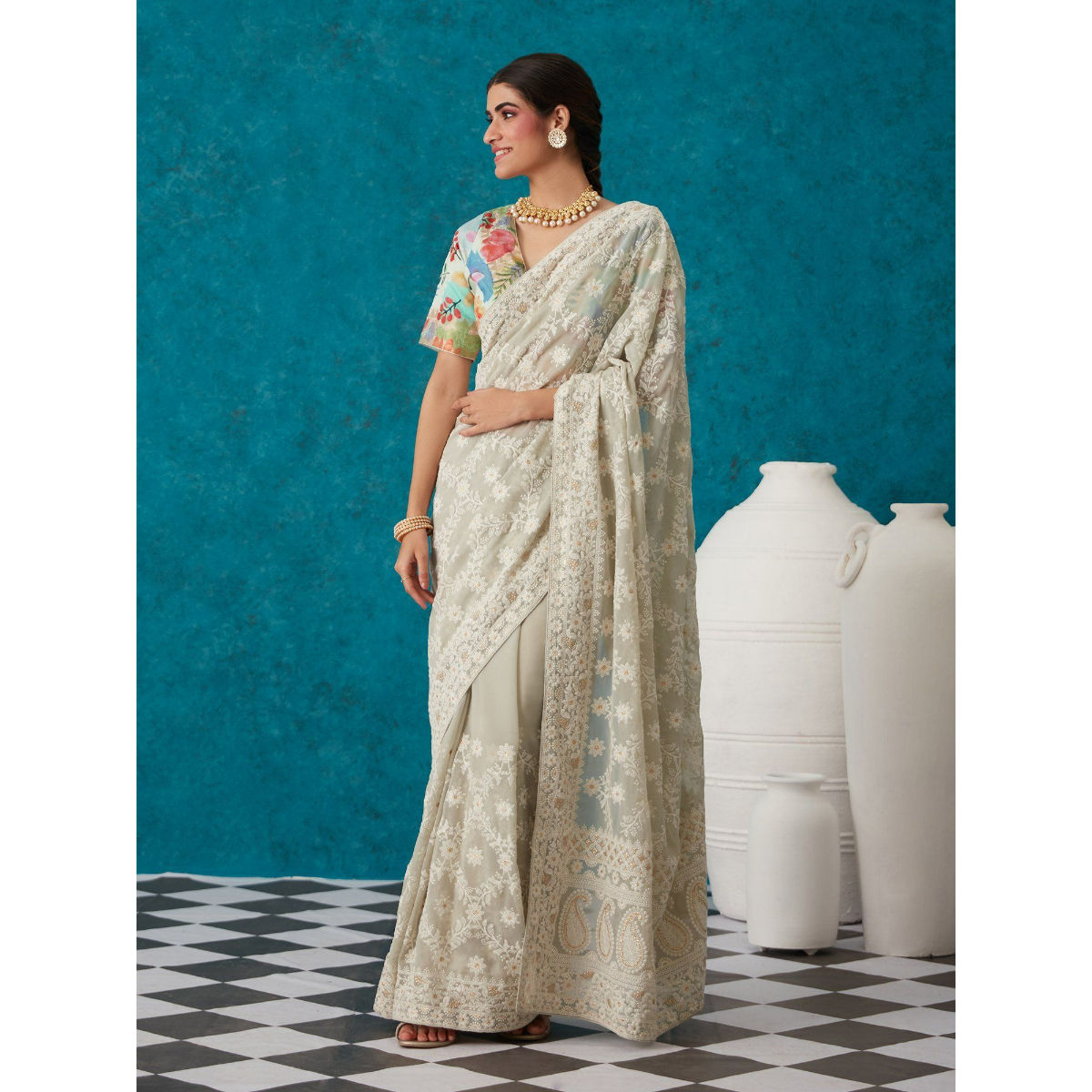 Chikan Hand Embroidered Dyeable Ivory White Georgette Lucknowi Chikankari  Saree | JHaanpi