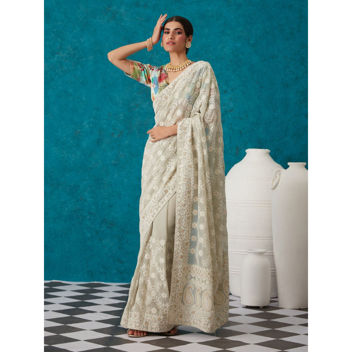 Srajann Hand Embroidered Off White Pure Georgette Lucknowi Chikankari Saree/ Blouse with Muqaish Work (SLC3213) | Srajann - Luxury Chikan Studio