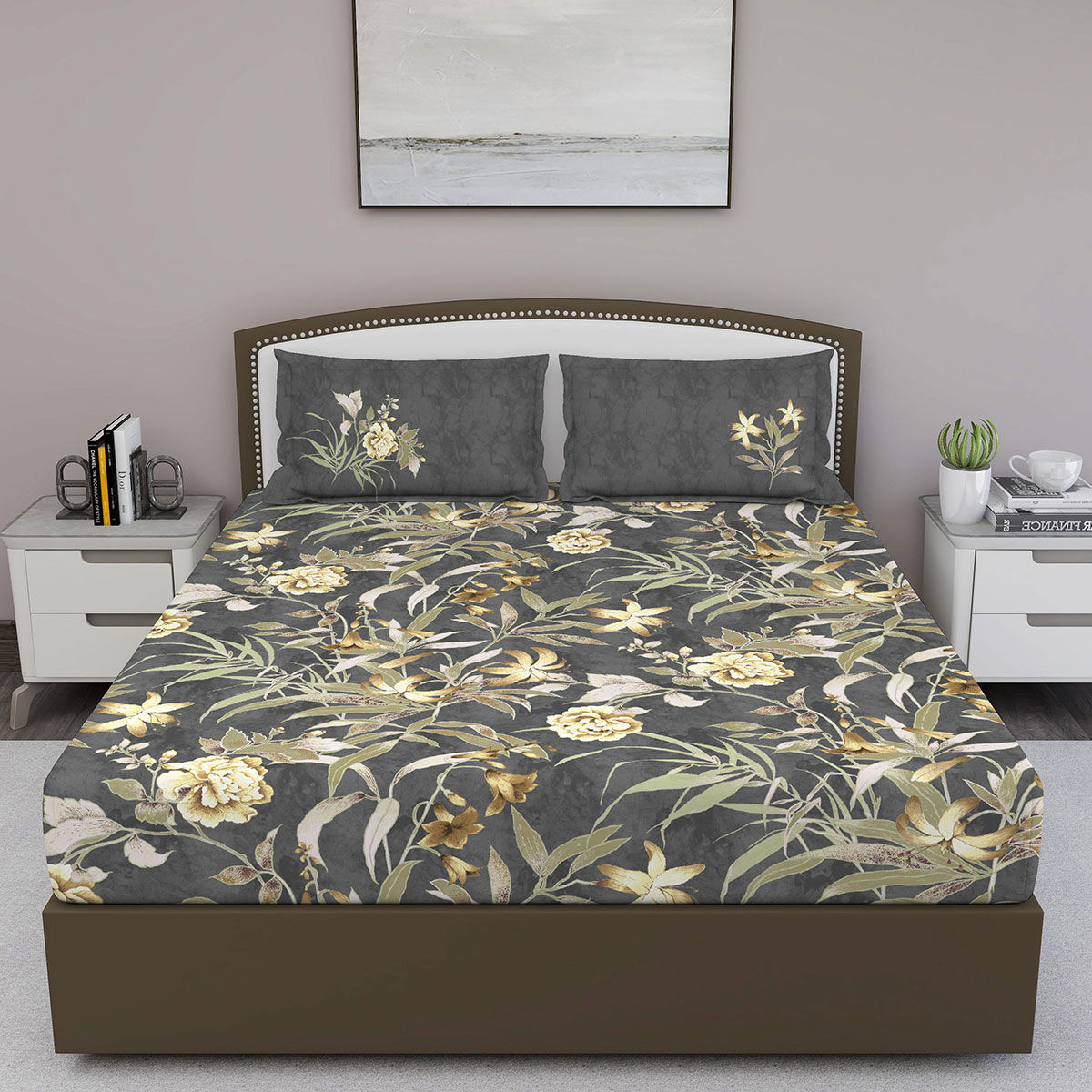 Gm Grey Floral 210 Tc Cotton Queen Bedsheet With 2 Pillow Covers Buy