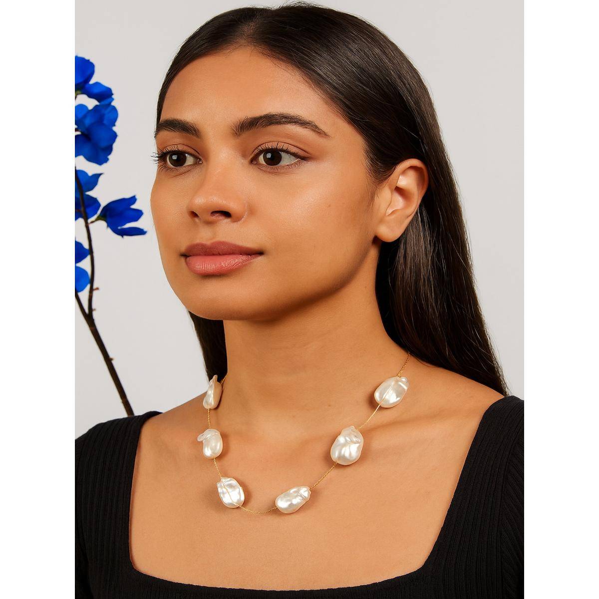 Jewelz White Baroque Pearl Charm Single-Strand Necklace