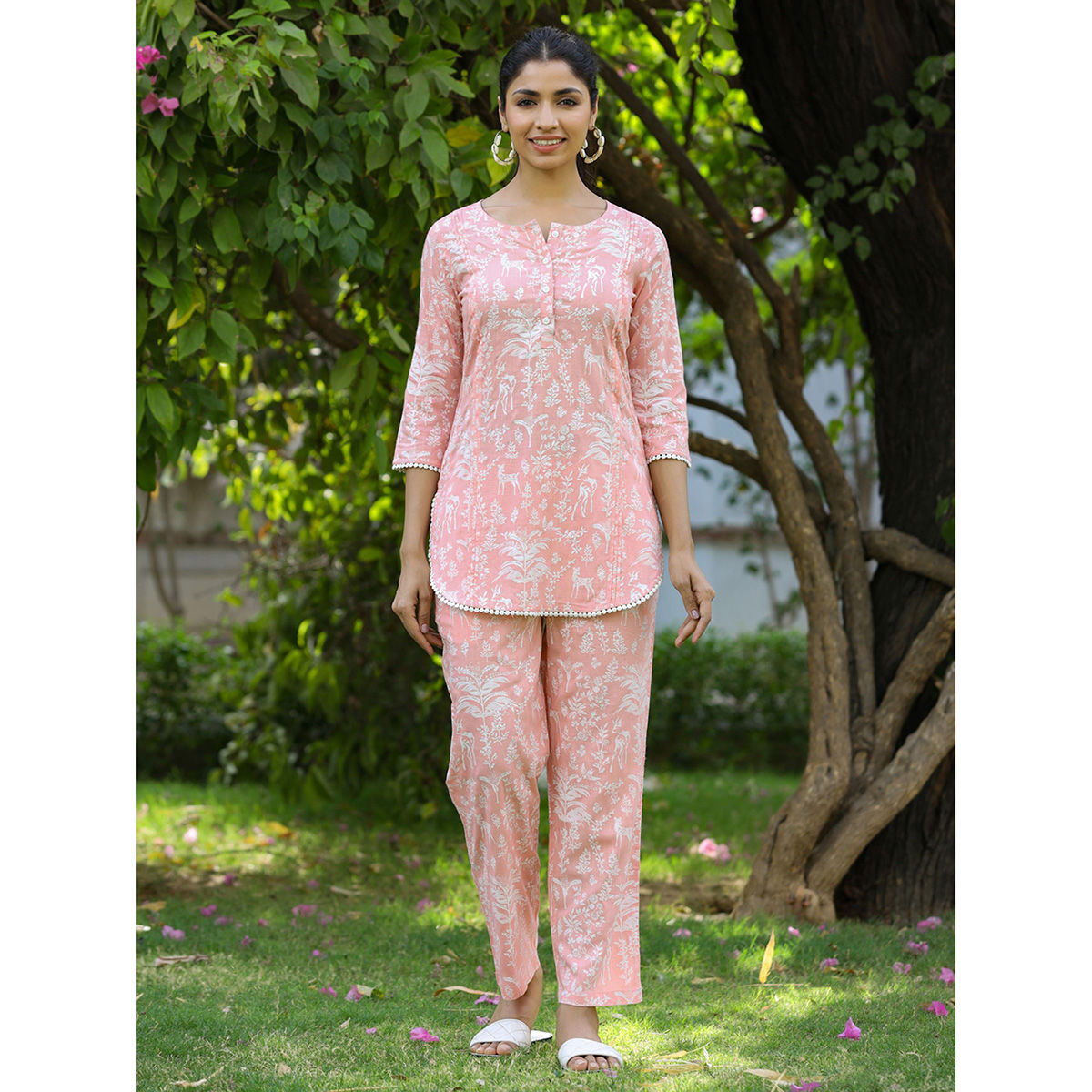 Jaipur Kurti Women Light Pink Rayon Slub Quirky Printed Lace Embellished Night Suit. (Set of 2) (S)