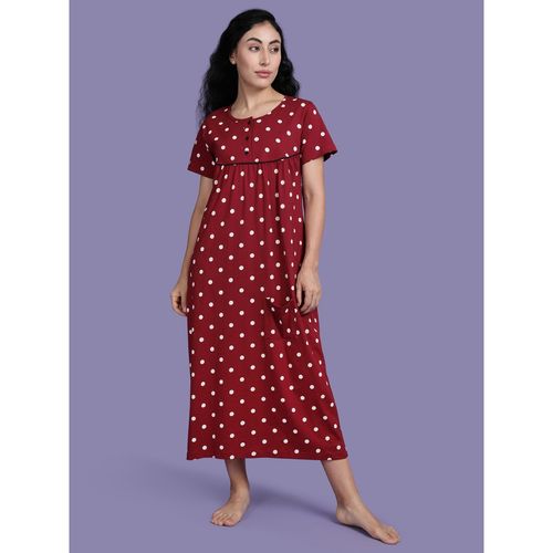 Kryptic Maroon Polka Dots Relaxed Fit Nightdress (M)