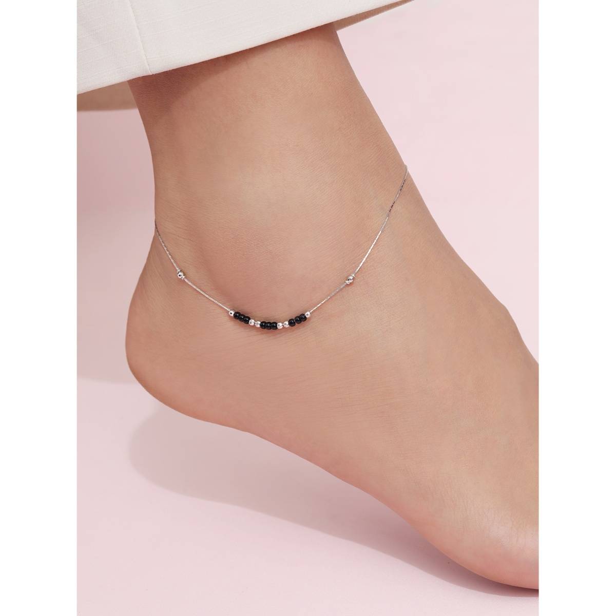 Zavya Black Beads Rhodium Plated 925 Sterling Silver Anklet