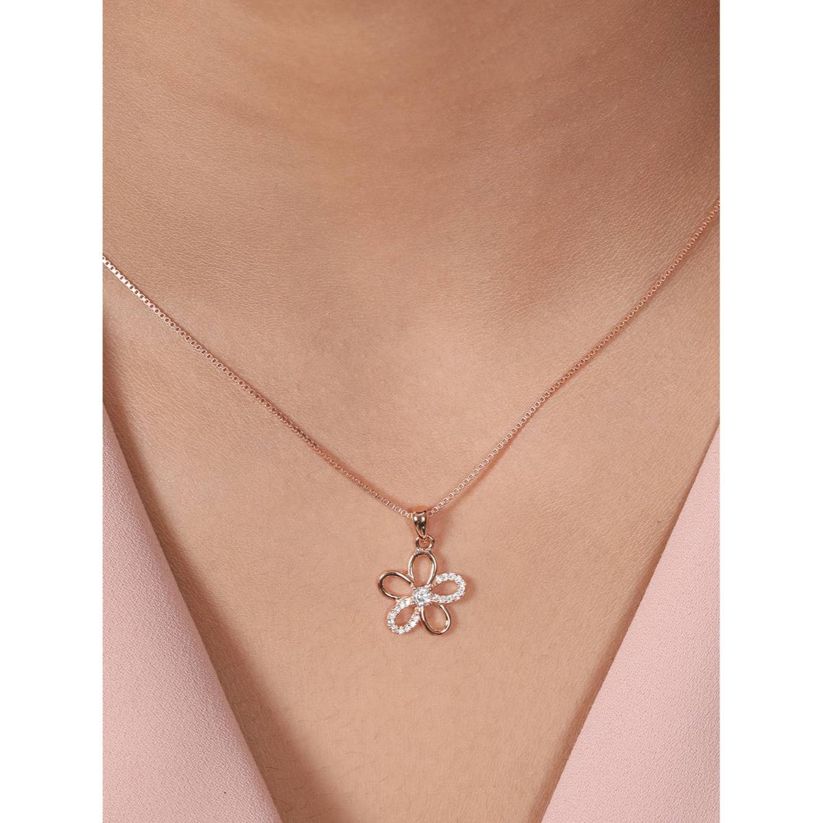 Zavya Blooming Cubic Zirconia Rose Gold-Plated Floral Necklace