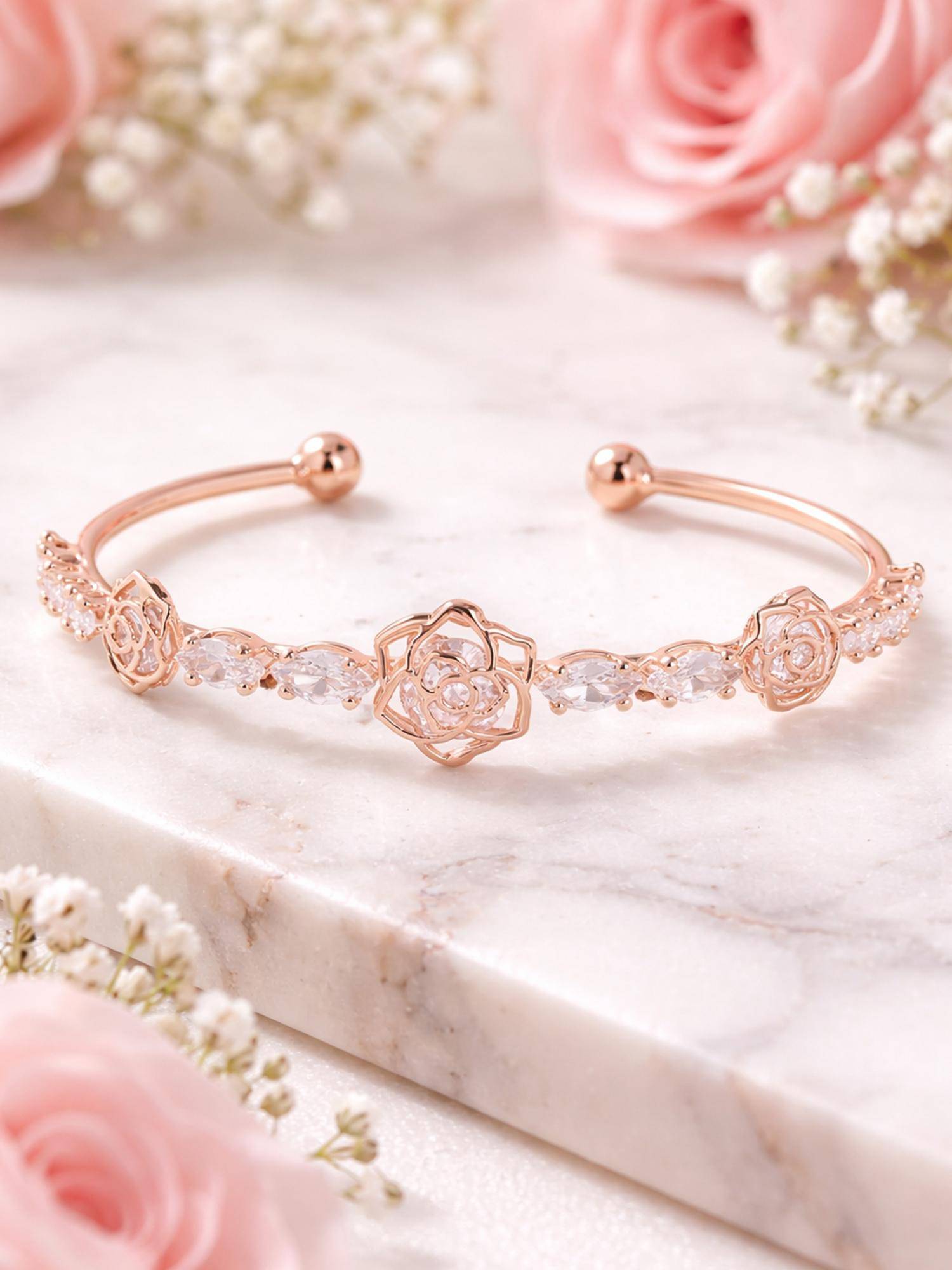 Estele Women Premium Rose Gold Floral Cluster Adjustable Cuff