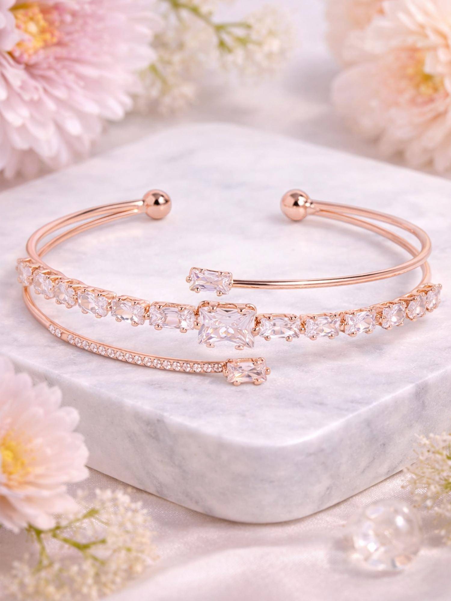 Estele Women Rose Gold Baguette Crystal Layered Cuff