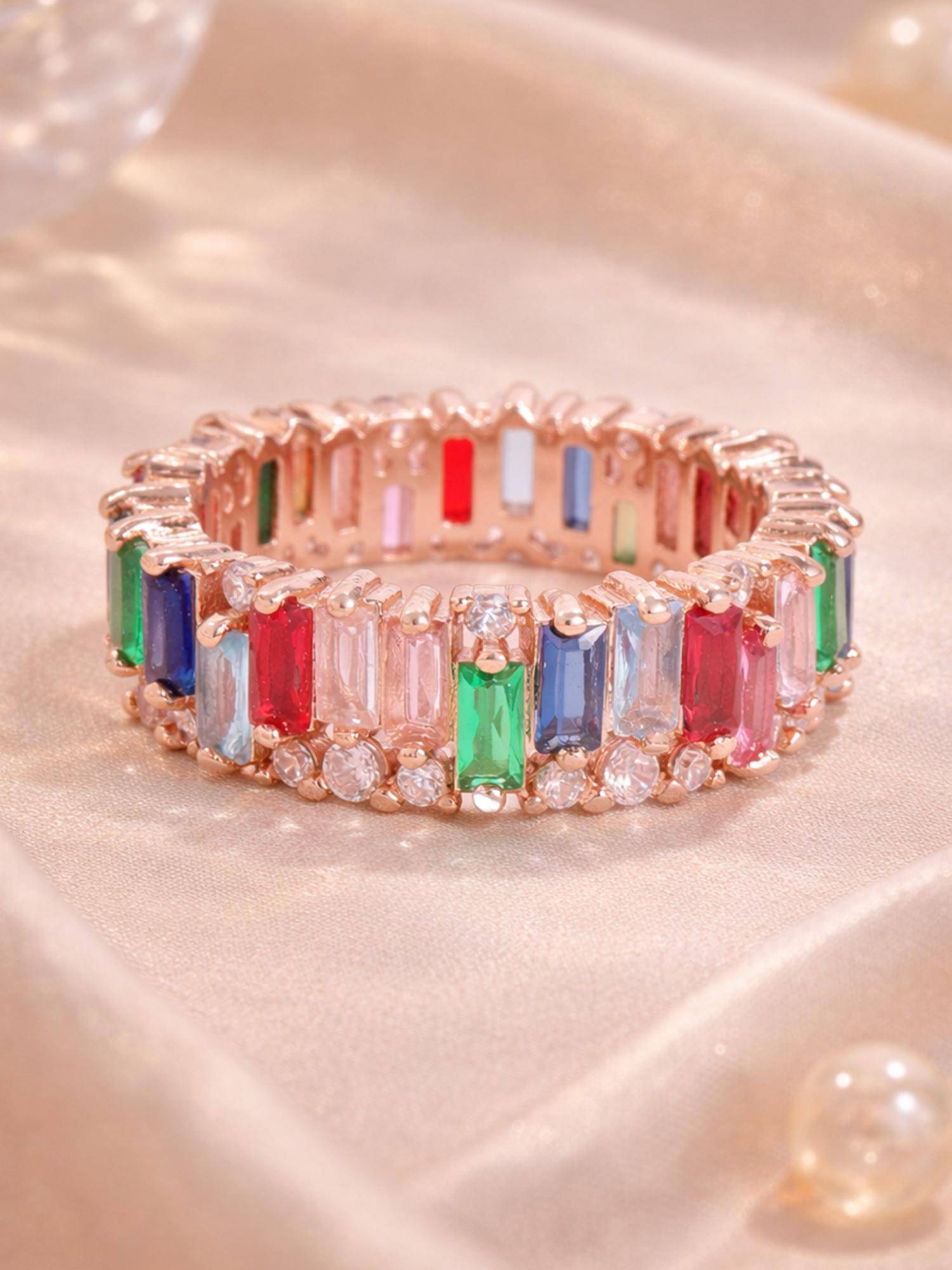 Estele Women Rose Gold Plated Multi-Color Baguette Crystal Adjustable Ring