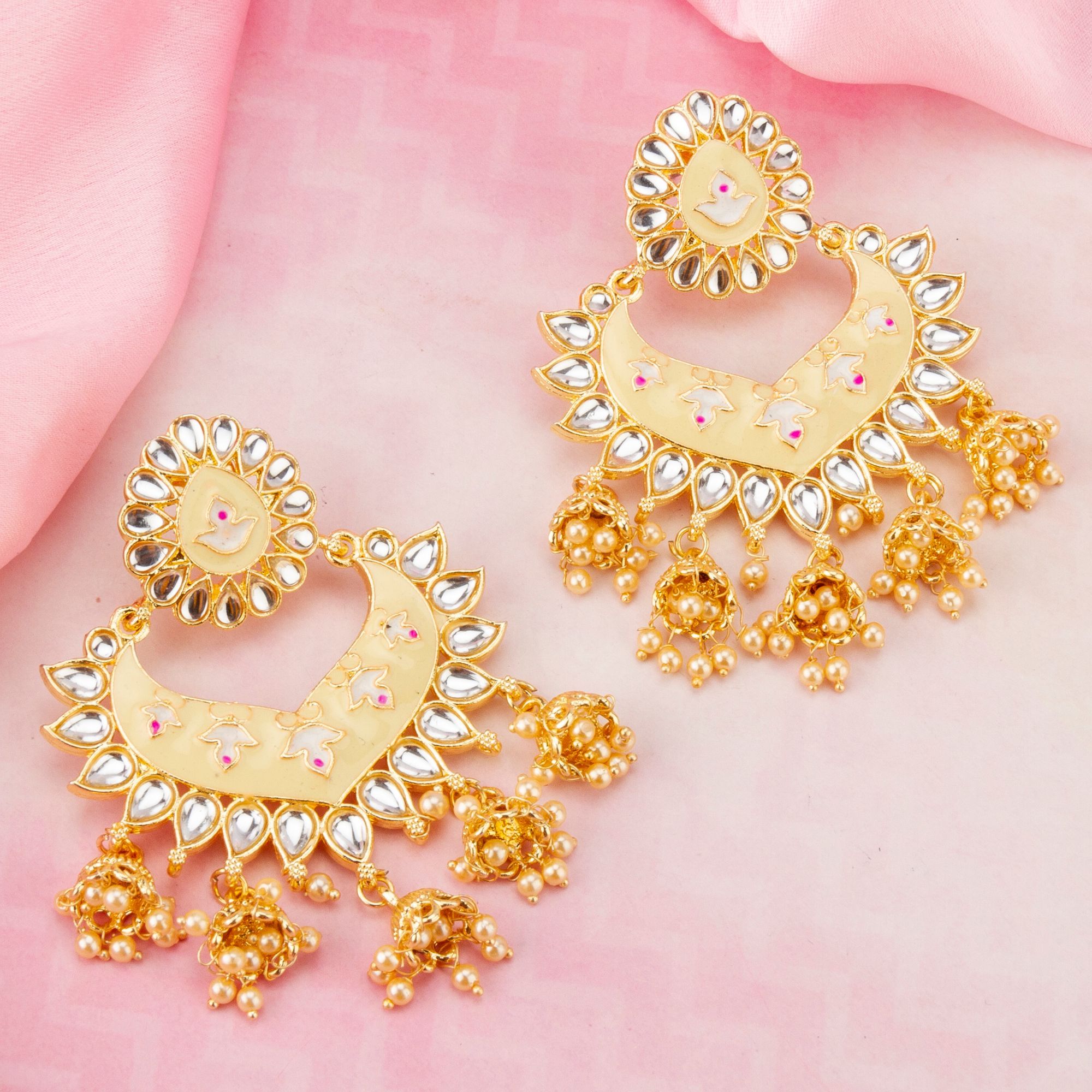 Jewels Galaxy Gold Plated Pearl Studded Cream Chandbalis Buy Jewels