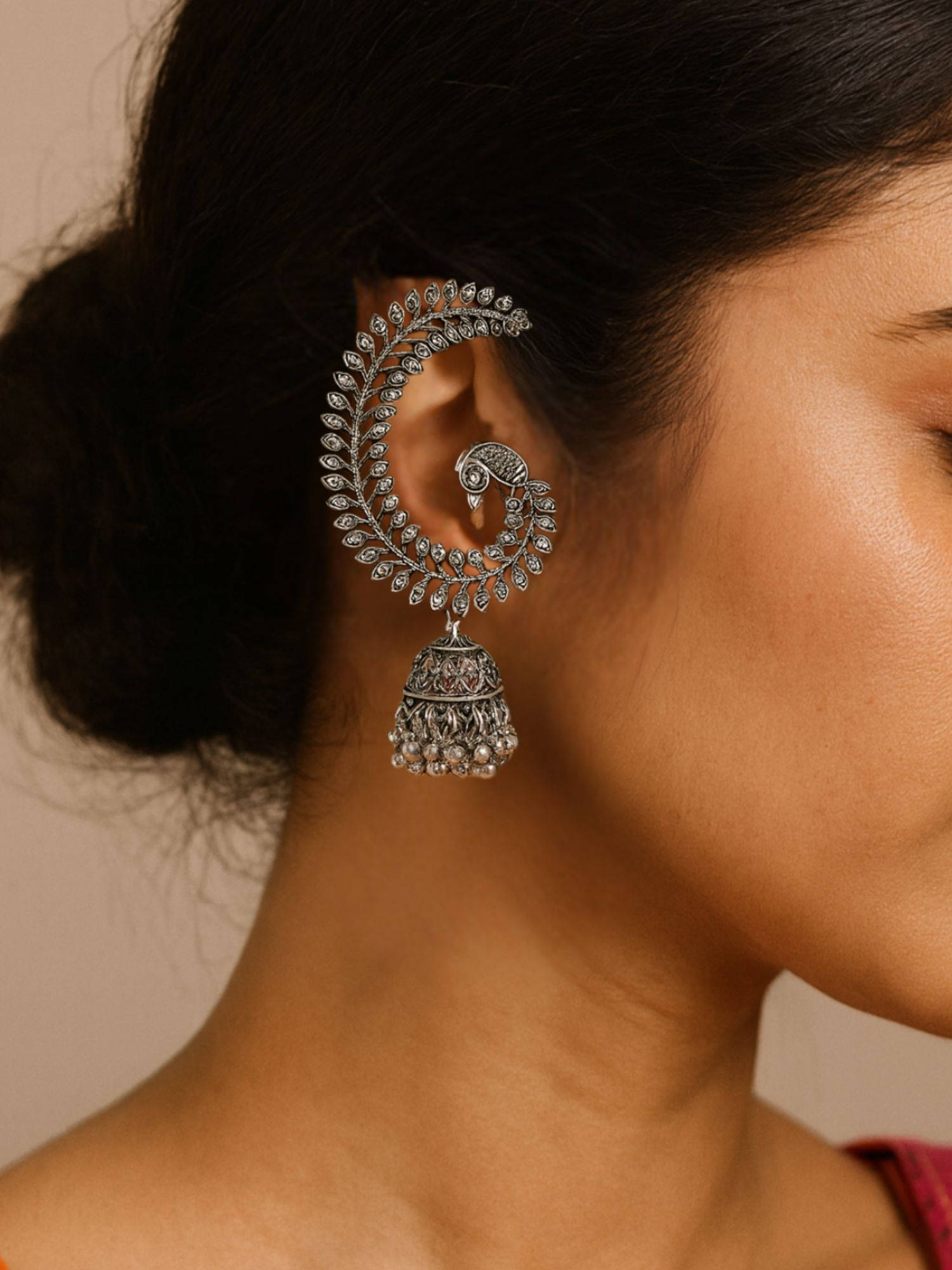 I Jewels Silver Stones Studded Jhumka Design Oxidised Ear Cuff
