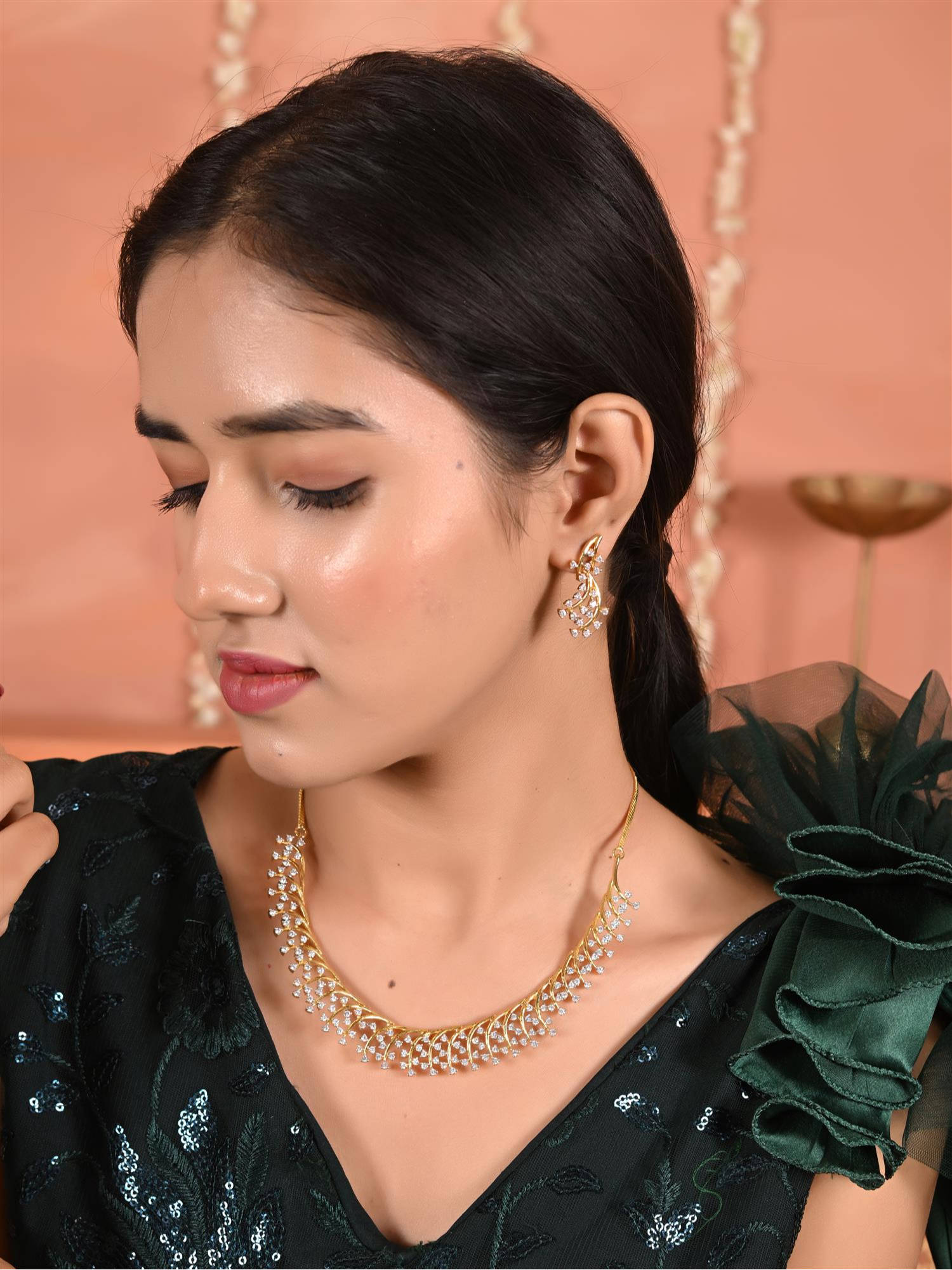 Ratnavali Jewels Gold Silver Plated White American Diamond CZ Necklace with Earrings
