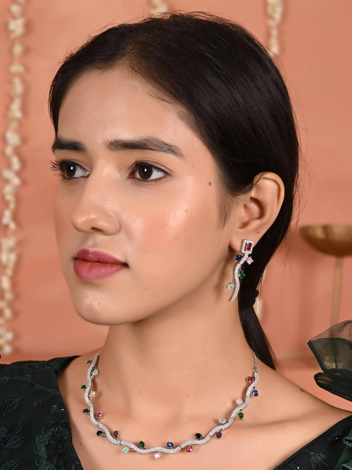 Ratnavali Jewels Multi-Color Silver Plated Multi American Diamond CZ Floral Necklace with Earrings