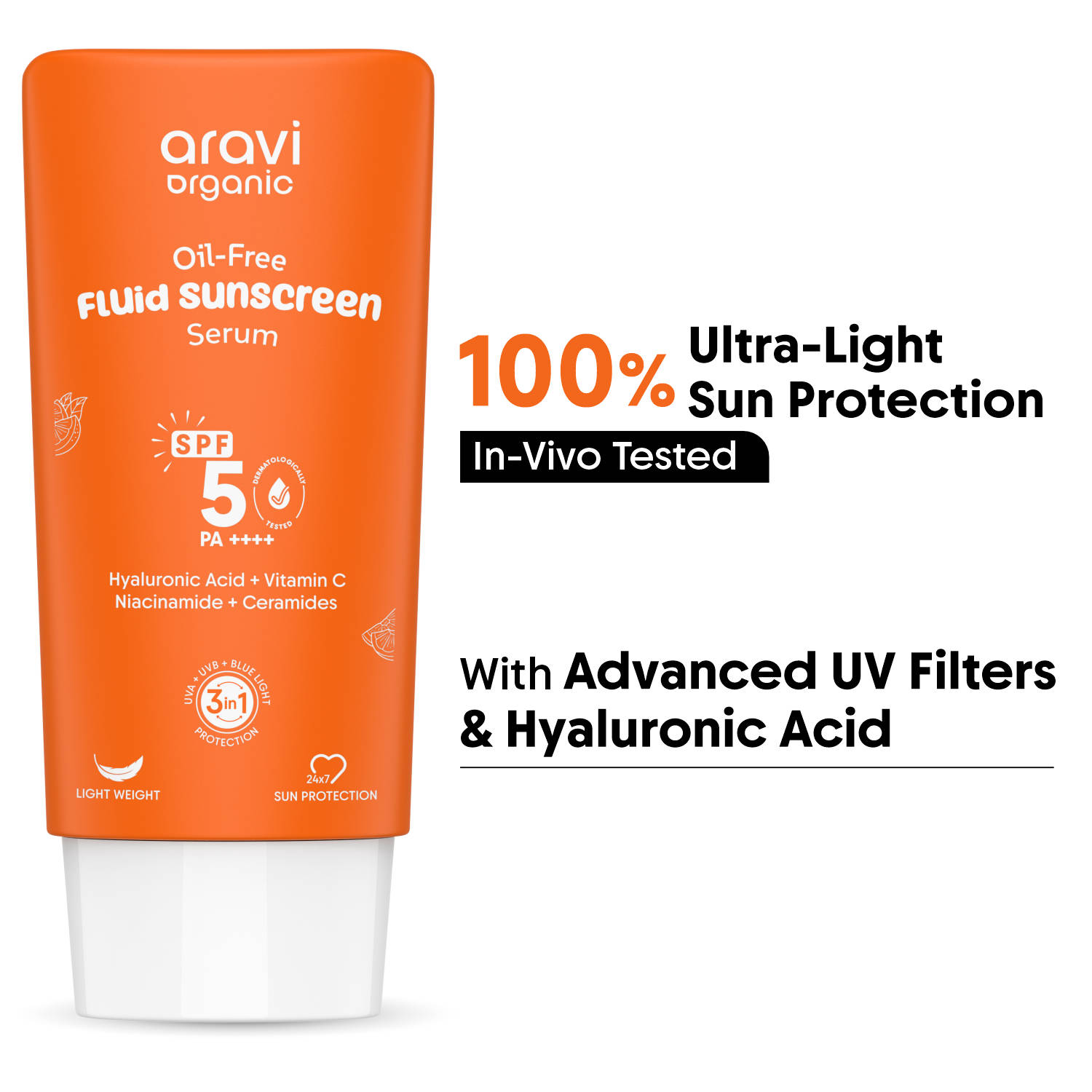 Aravi Organic Oil-Free Fluid Face Sunscreen SPF 50 PA++++, In-Vivo Tested, For Oily & Dry Skin