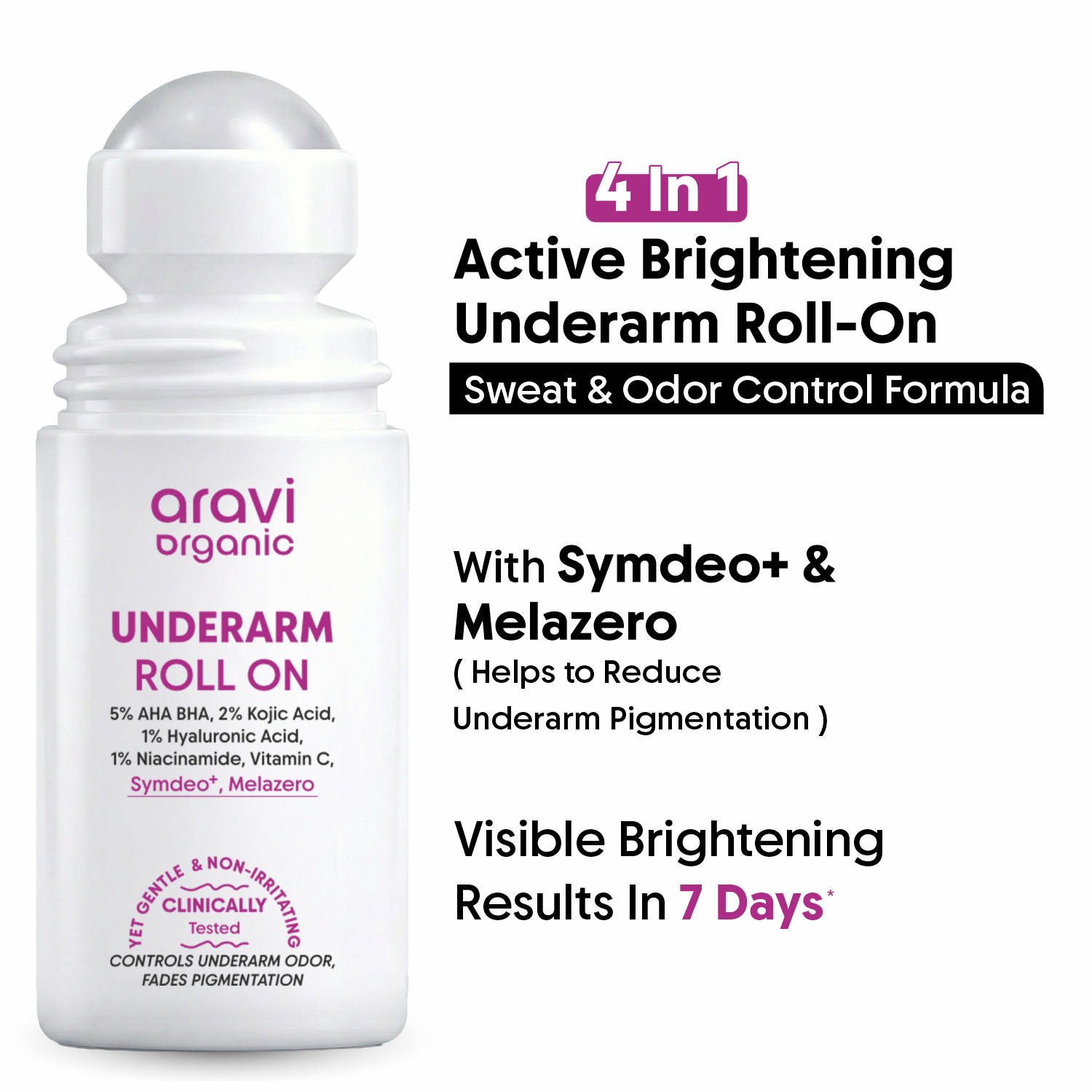 Aravi Organic Whitening Underarm Roll On-5% AHA BHA + Kojic Acid For Dark Underarms & Odor Control