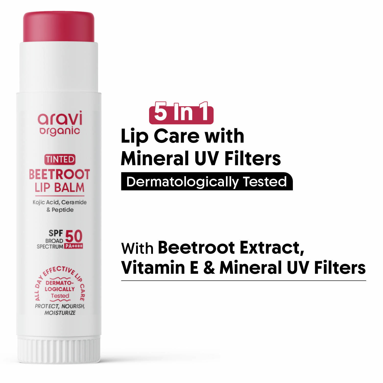 Aravi Organic Beetroot Tinted Lip Balm SPF 50 PA++++, Dark & Pigmented Lips, Kojic Acid & Ceramide