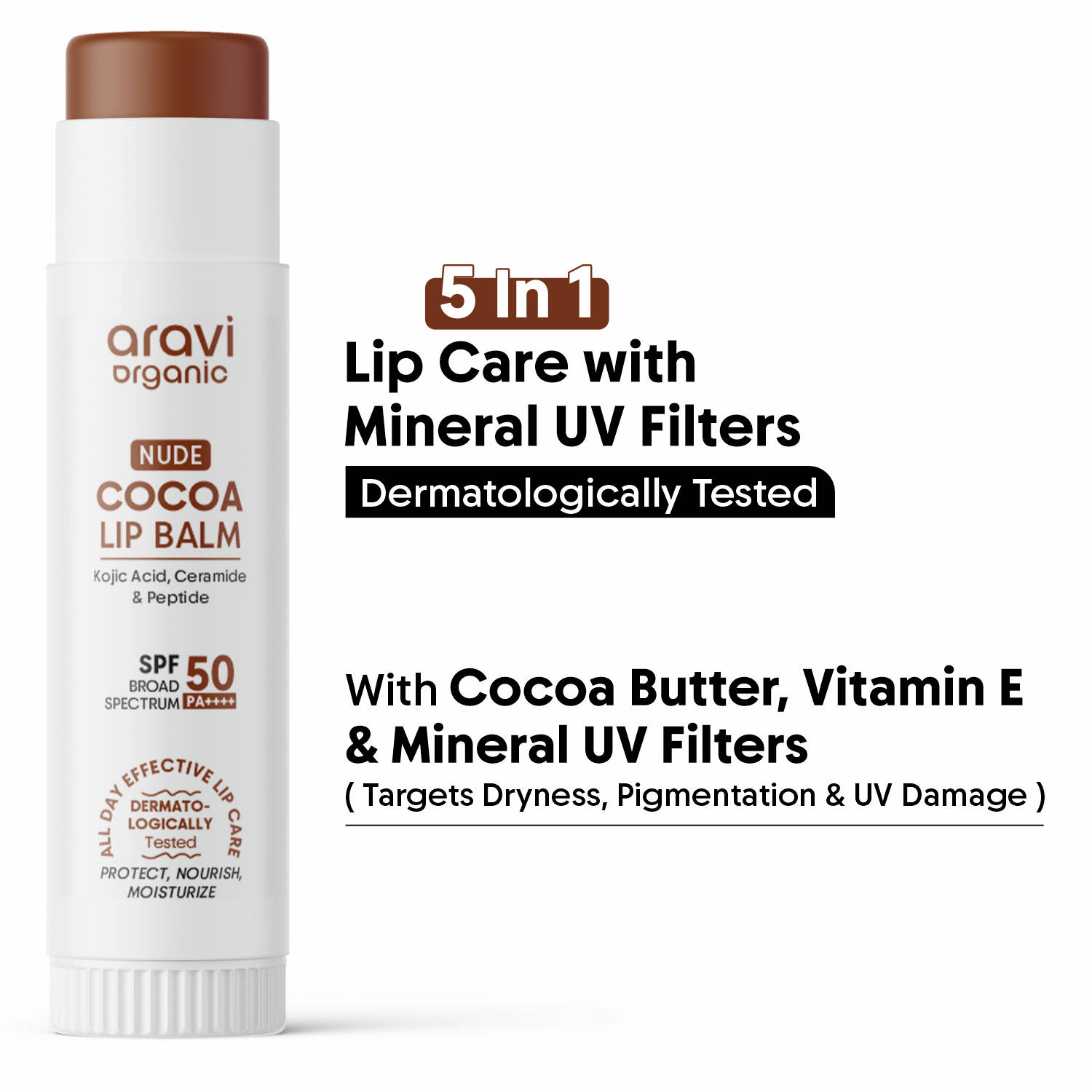 Aravi Organic Nude Cocoa Lip Balm SPF 50 PA++++, Dark & Pigmented Lips, Kojic Acid & Ceramide