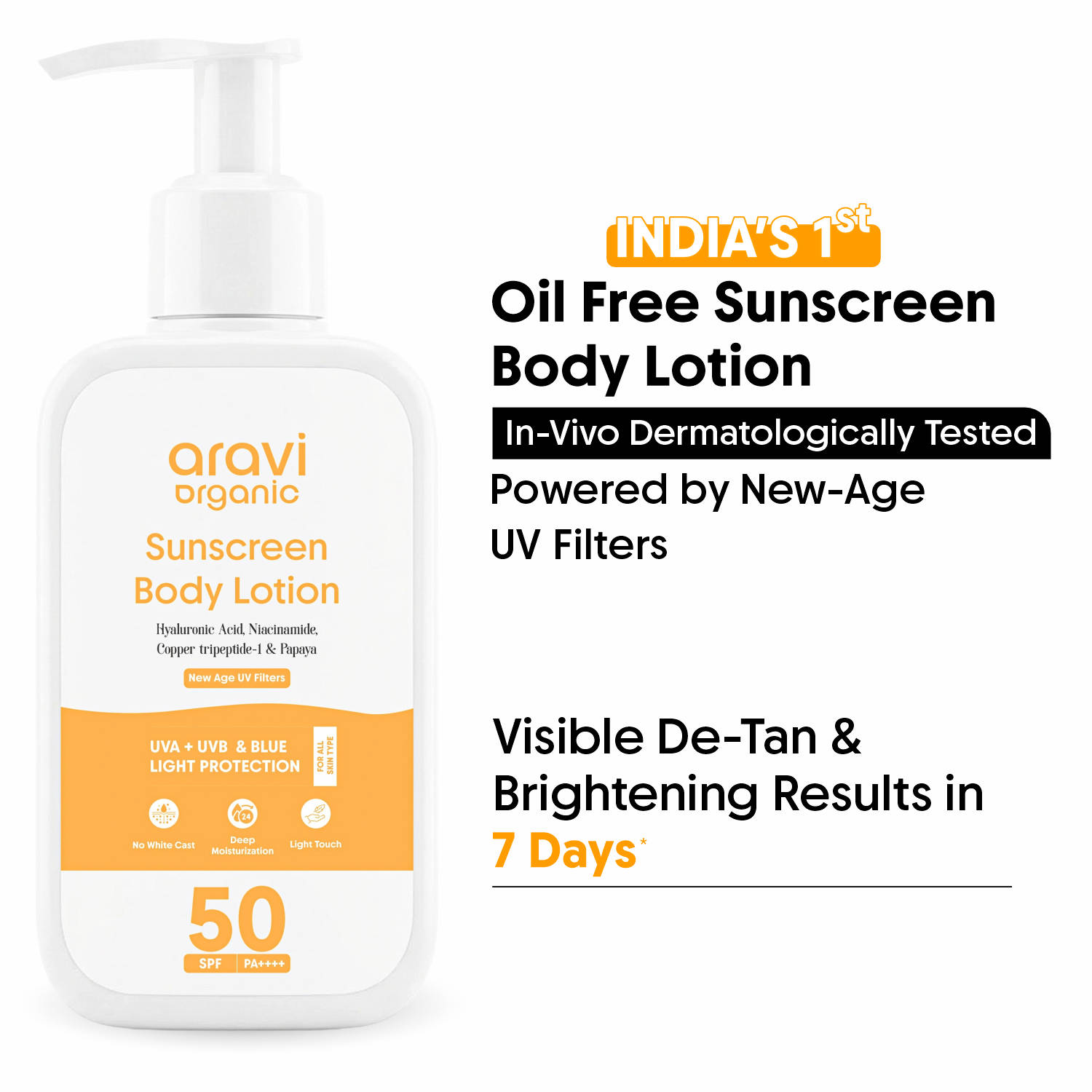 Aravi Organic Oil-Free Sunscreen Body Lotion SPF 50 PA++++, For Oily & Dry Skin, In-Vivo Tested