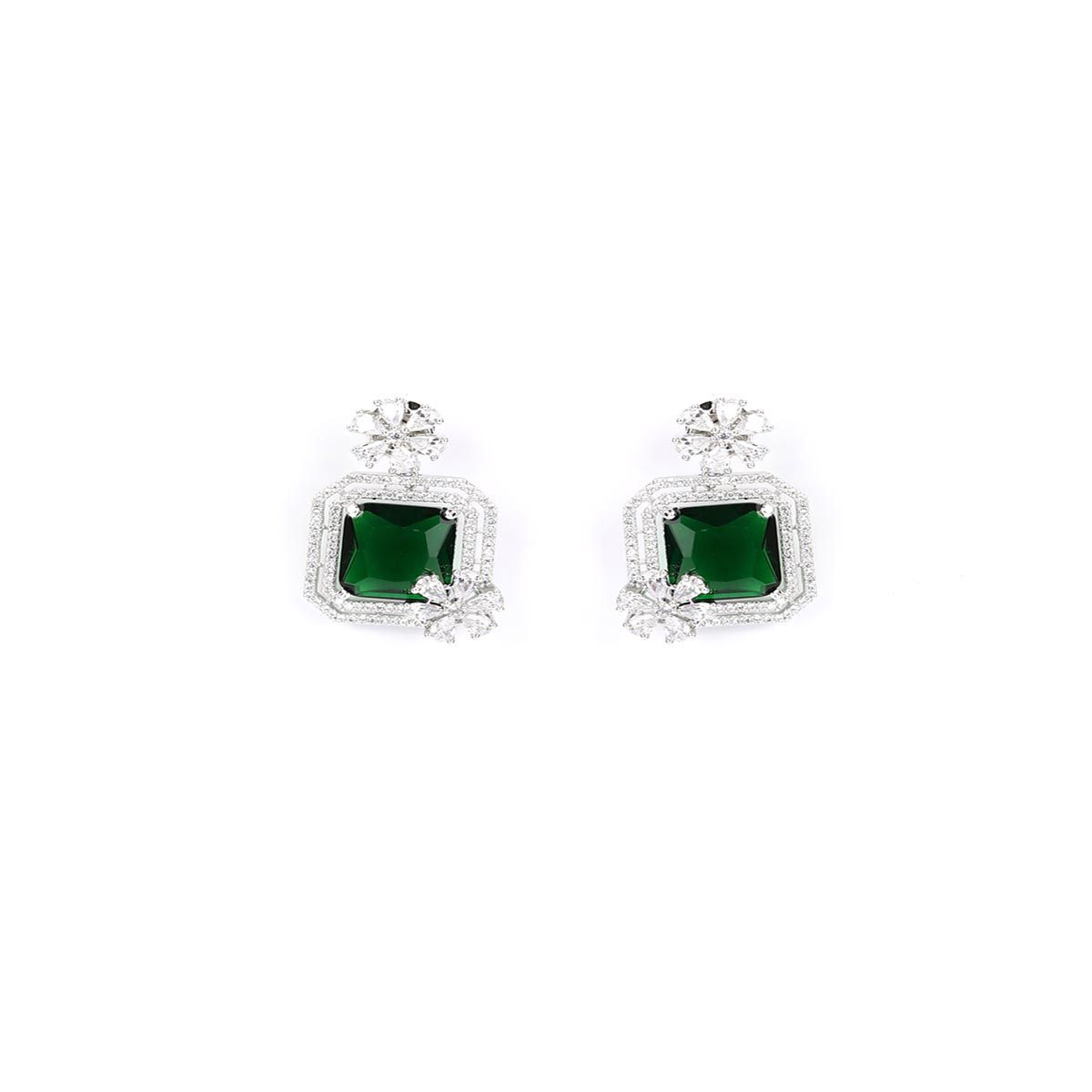 Priyaasi Emerald American Diamond Silver Plated Floral Drop Earring ...