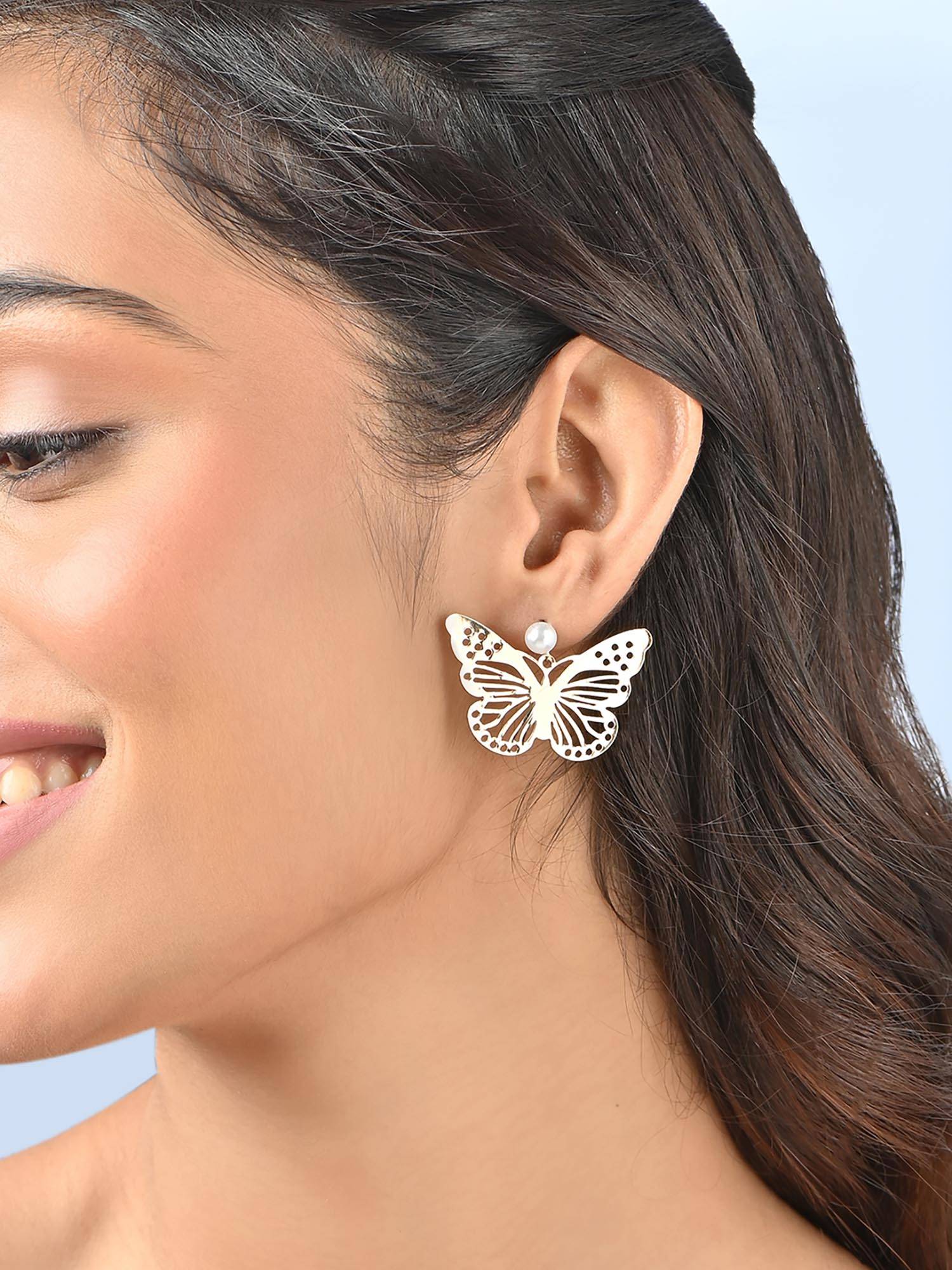 ToniQ Gold Plated Butterfly and White Pearl Drop Earrings